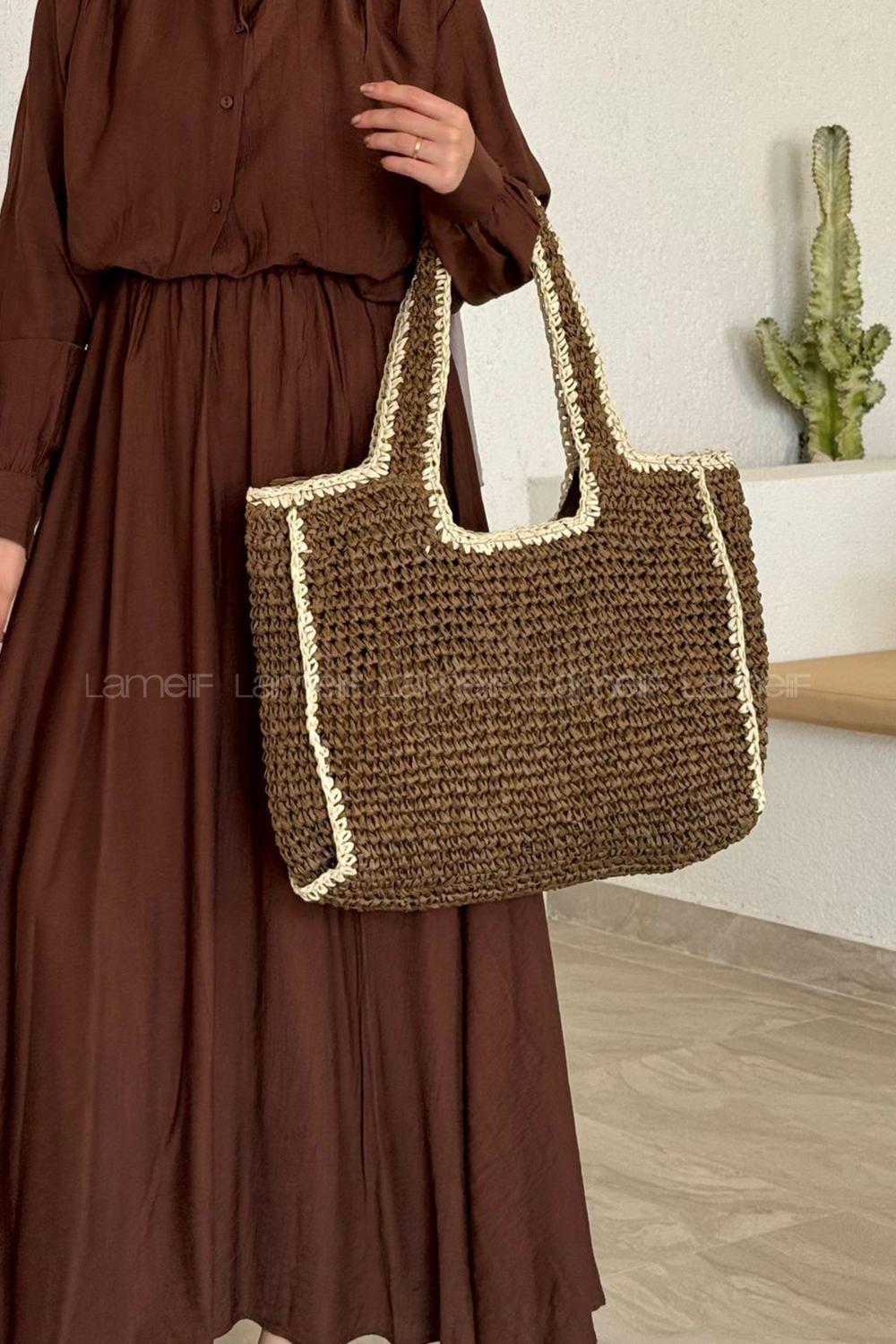 Lamelif Şerit Detay Astarlı Örgü Hasır Plaj Çantası Kahverengi