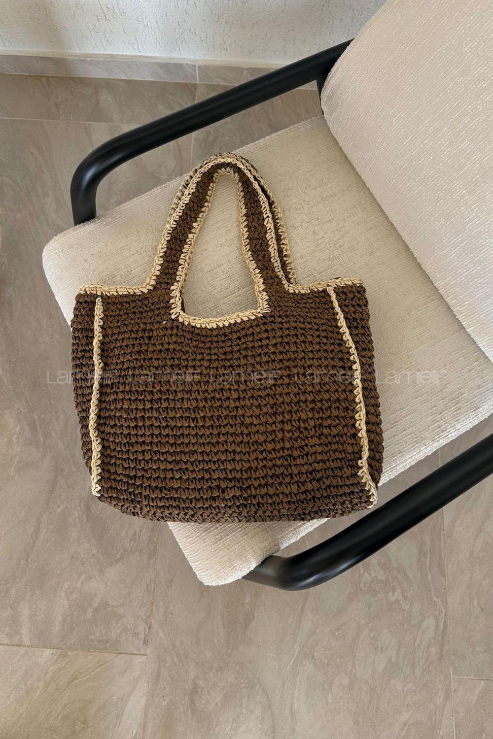 Lamelif Şerit Detay Astarlı Örgü Hasır Plaj Çantası Kahverengi