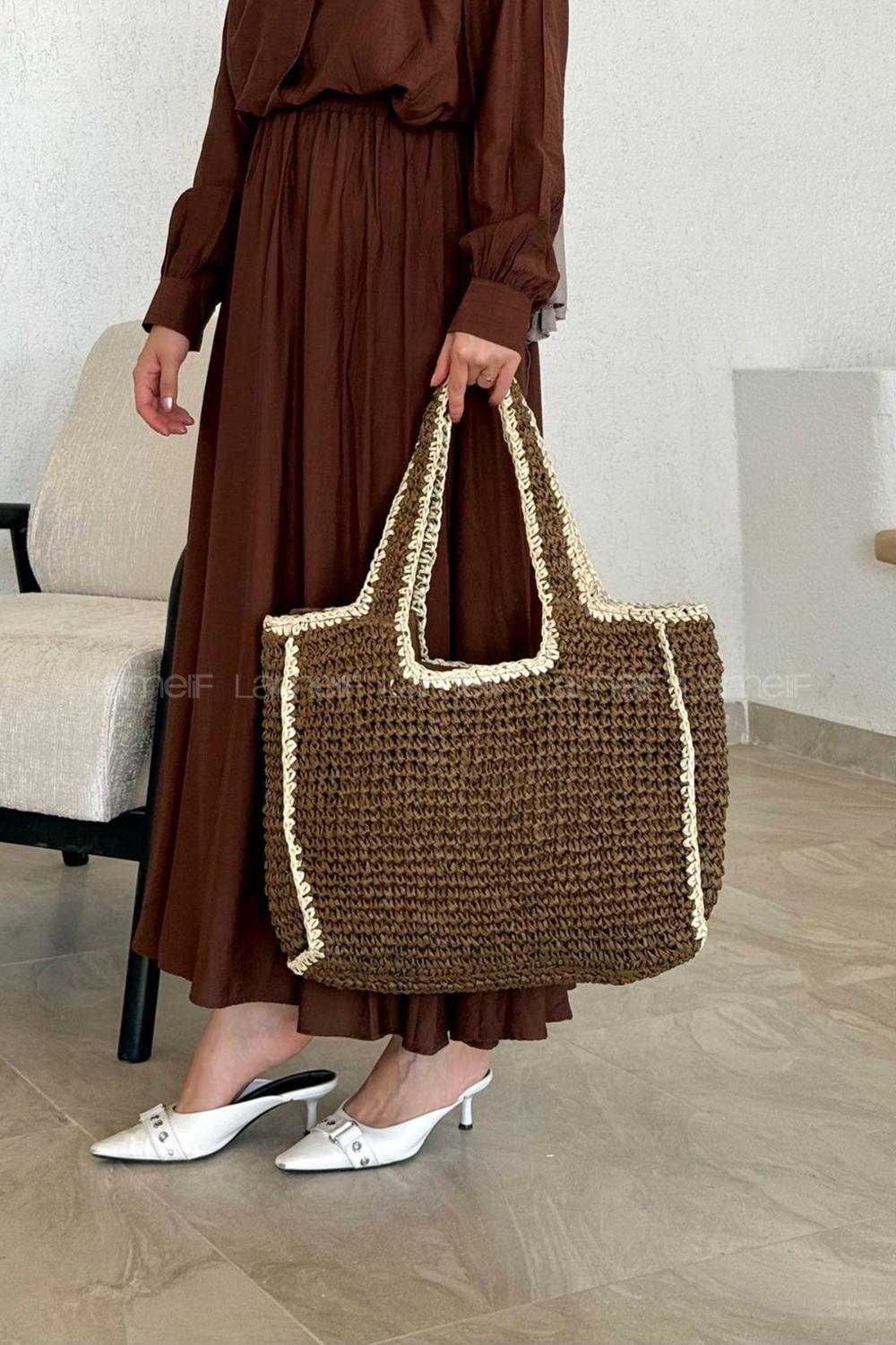 Lamelif Şerit Detay Astarlı Örgü Hasır Plaj Çantası Kahverengi