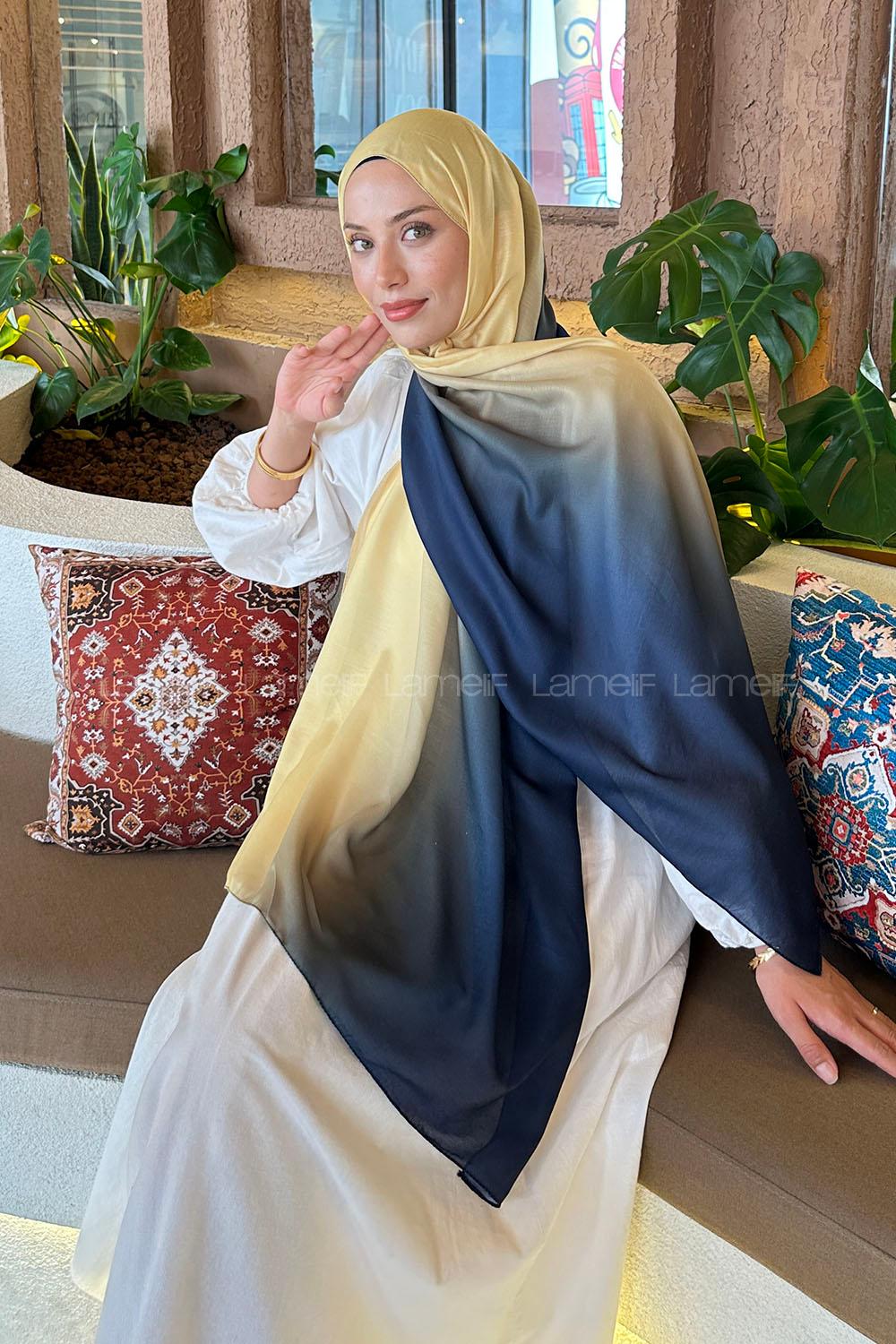 Lamelif Degrade Desen Soft Şal Lacivert Sarı