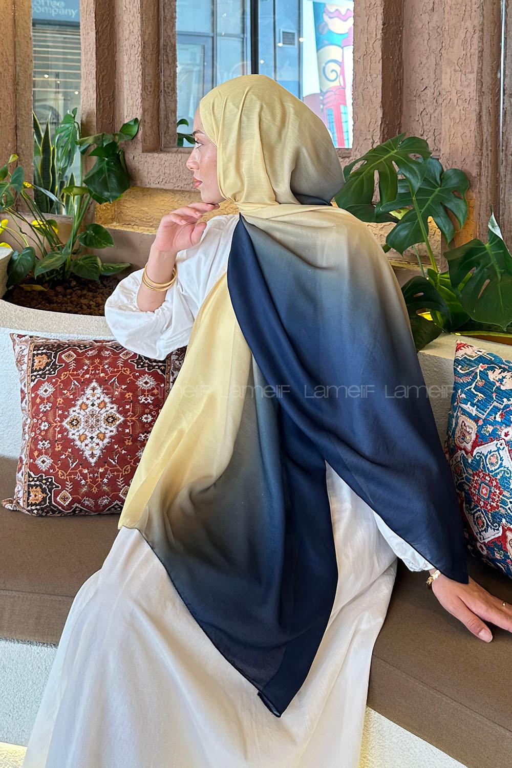 Lamelif Degrade Desen Soft Şal Lacivert Sarı