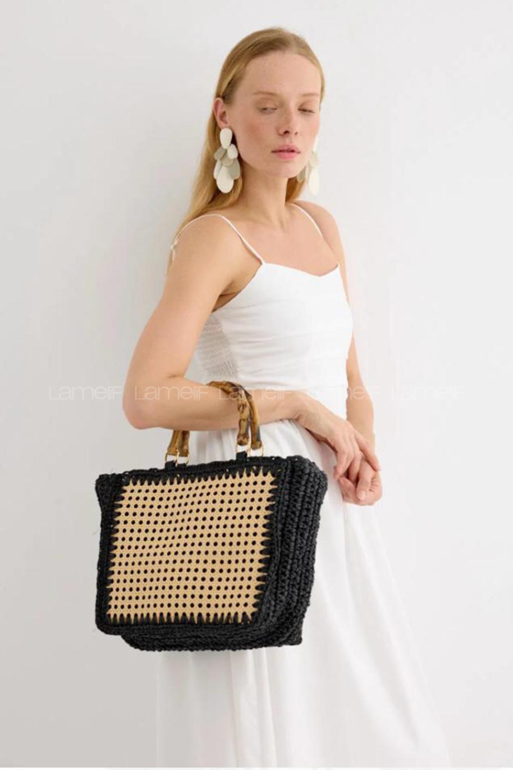 Lamelif Hazeranlı Hasır Çanta Siyah