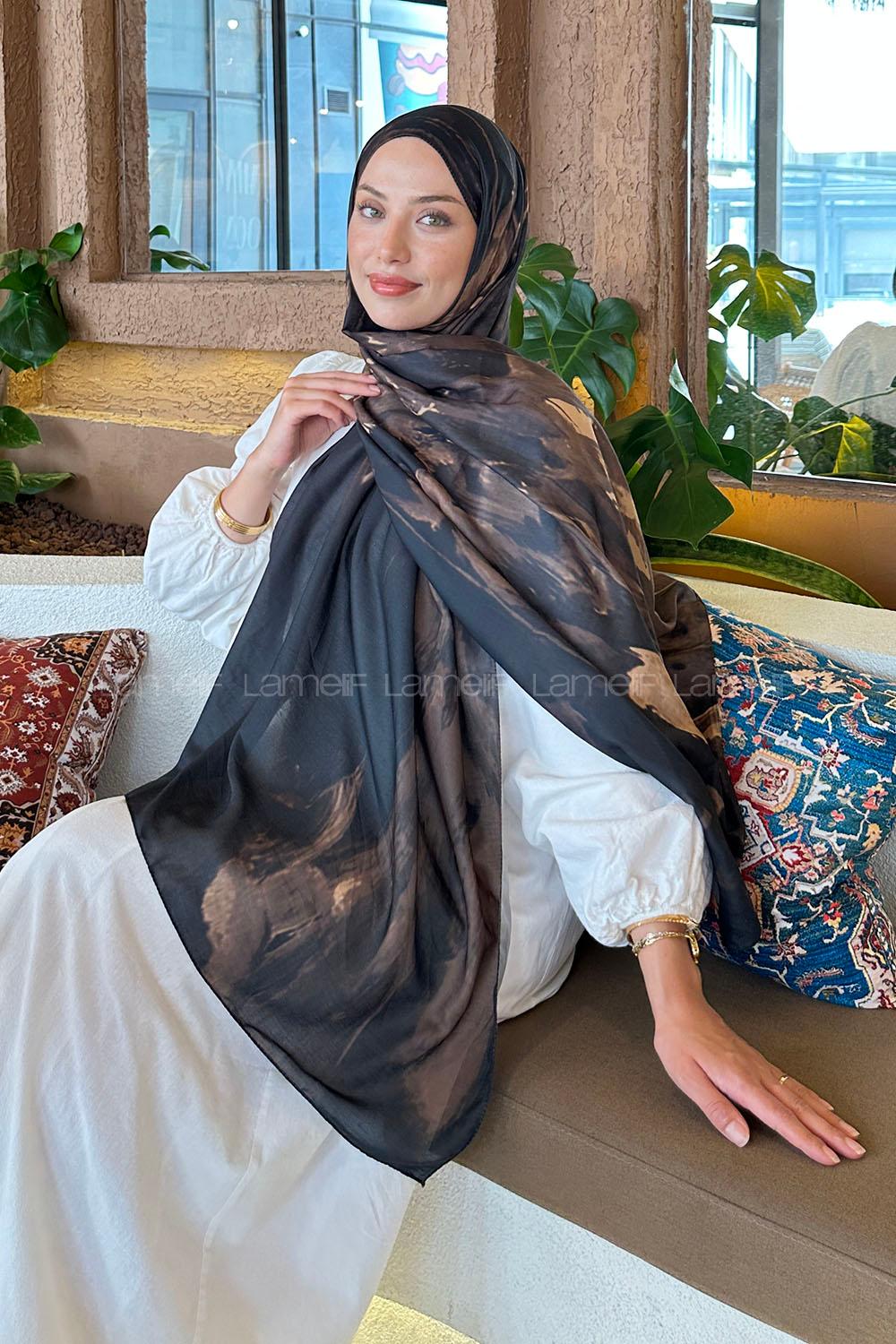 Lamelif Sulu Boya Desen Soft Şal Camel