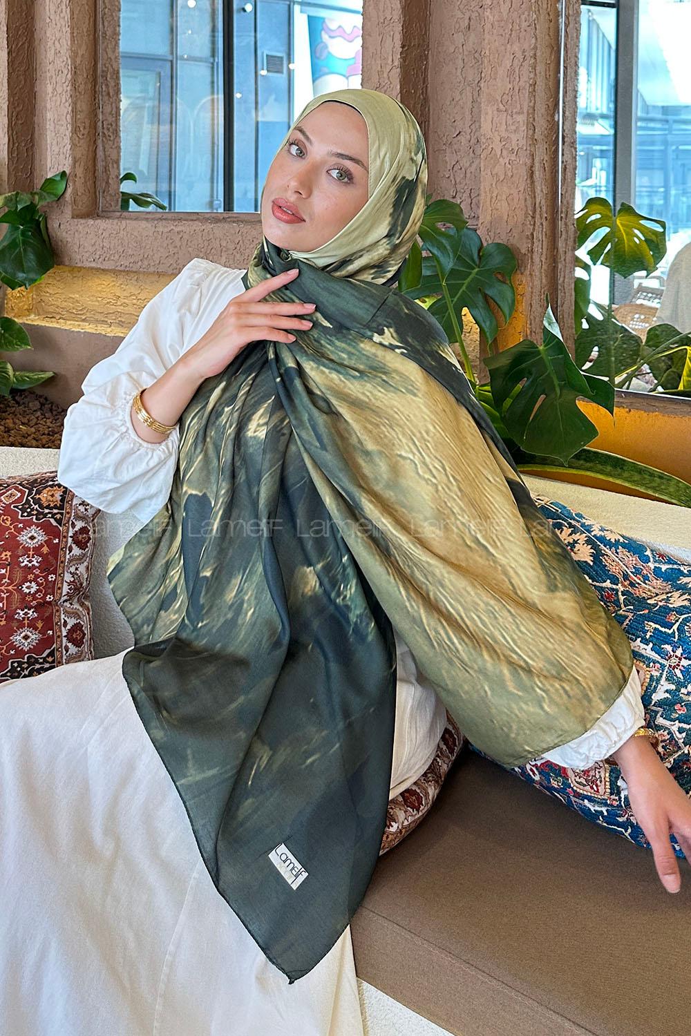 Lamelif Sulu Boya Desen Soft Şal Haki