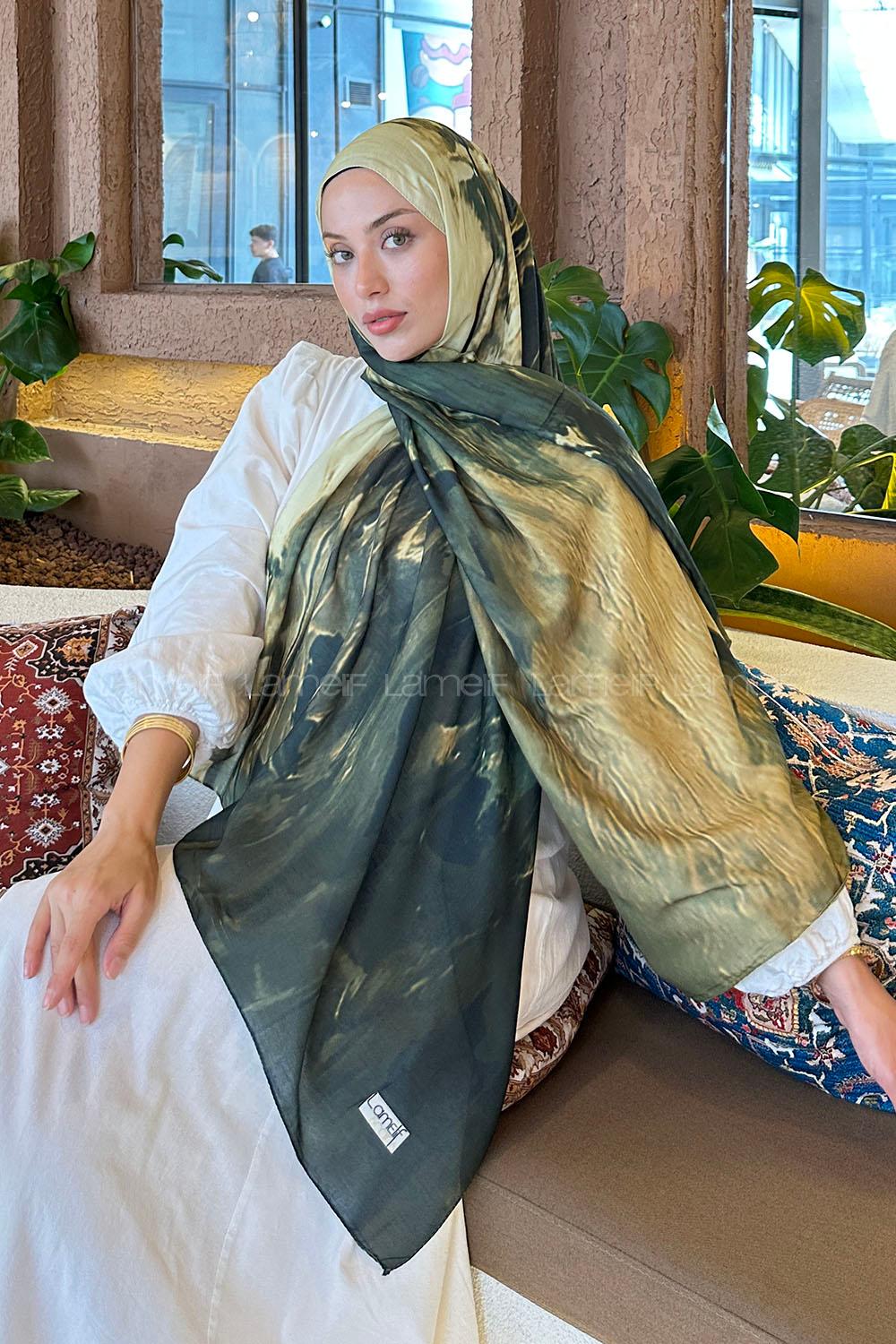 Lamelif Sulu Boya Desen Soft Şal Haki