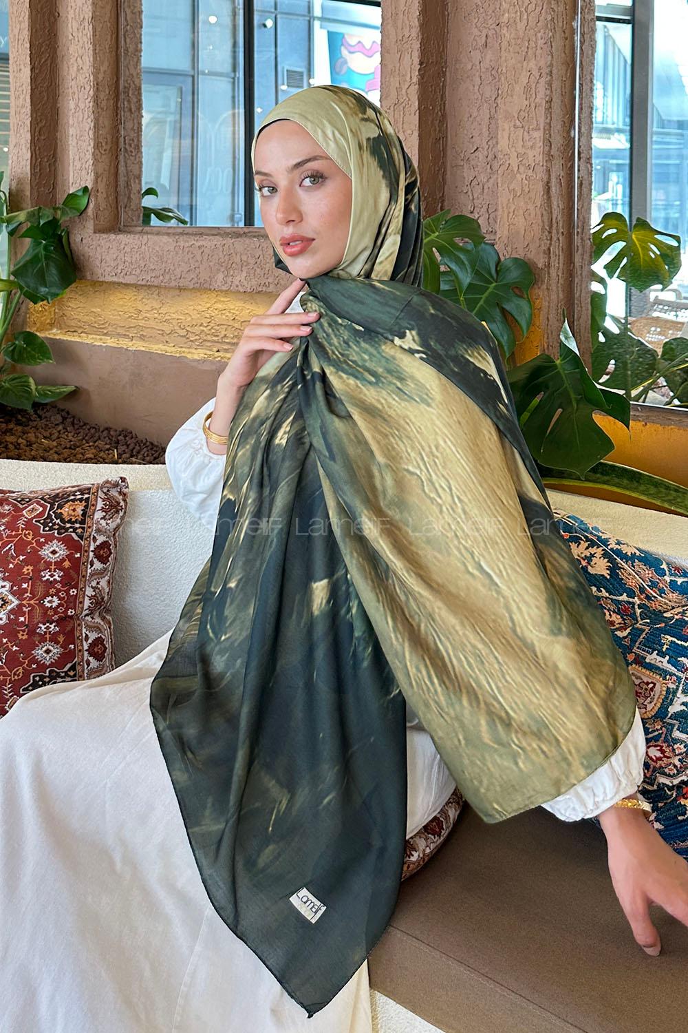 Lamelif Sulu Boya Desen Soft Şal Haki