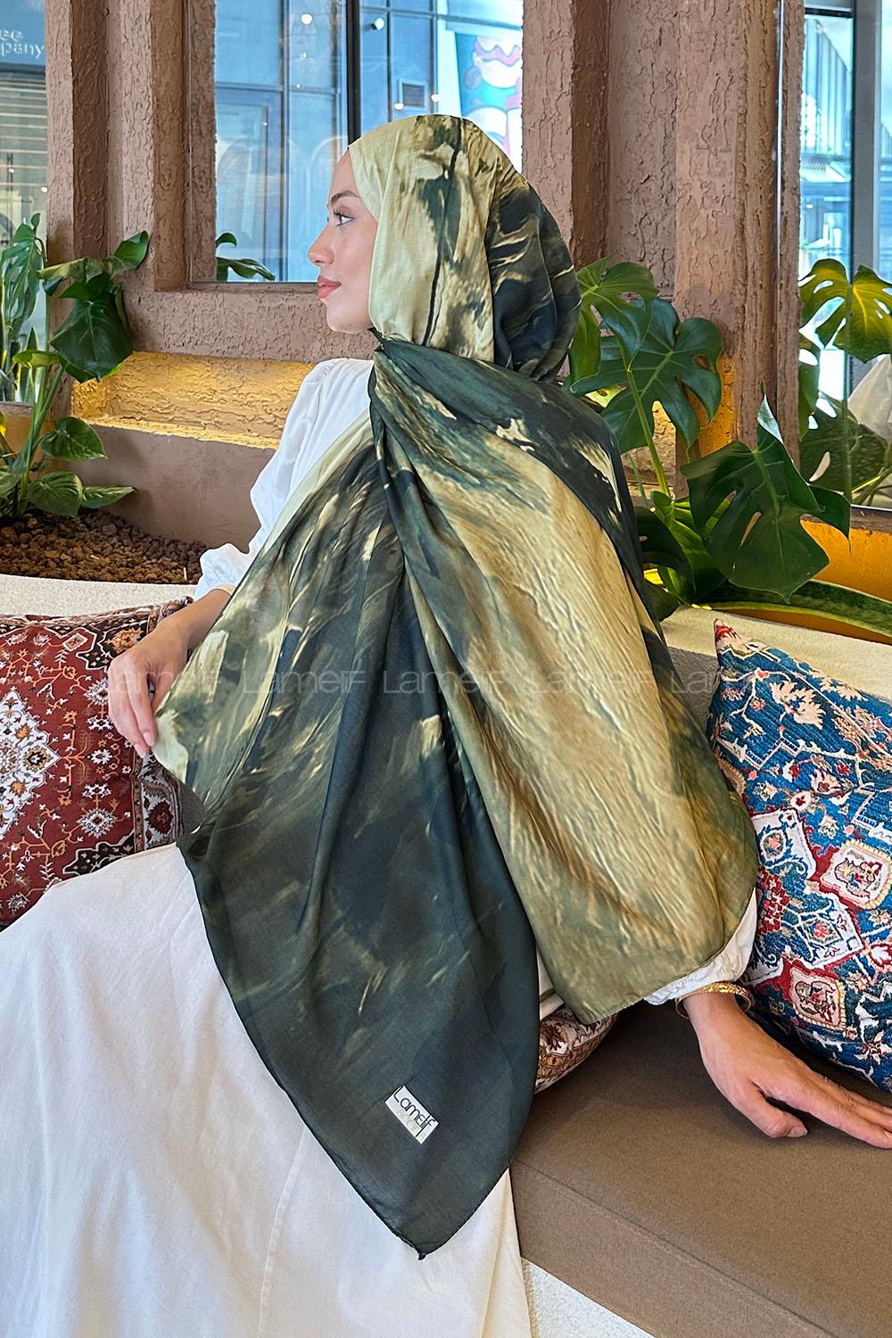 Lamelif Sulu Boya Desen Soft Şal Haki