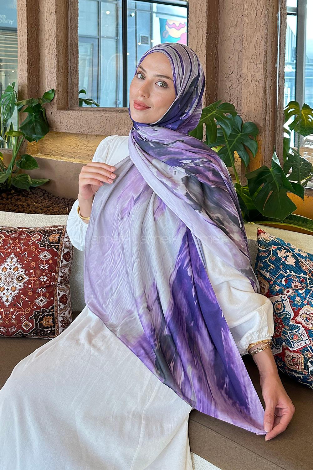 Lamelif Sulu Boya Desen Soft Şal Mor Lila