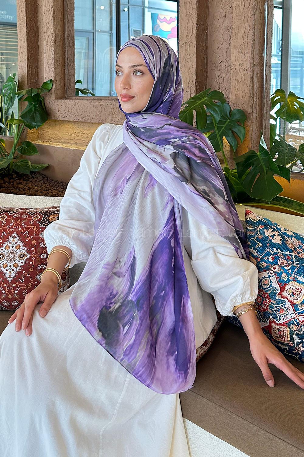 Lamelif Sulu Boya Desen Soft Şal Mor Lila