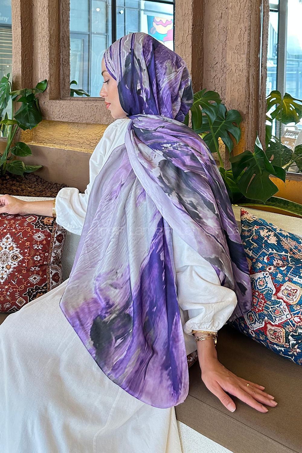 Lamelif Sulu Boya Desen Soft Şal Mor Lila