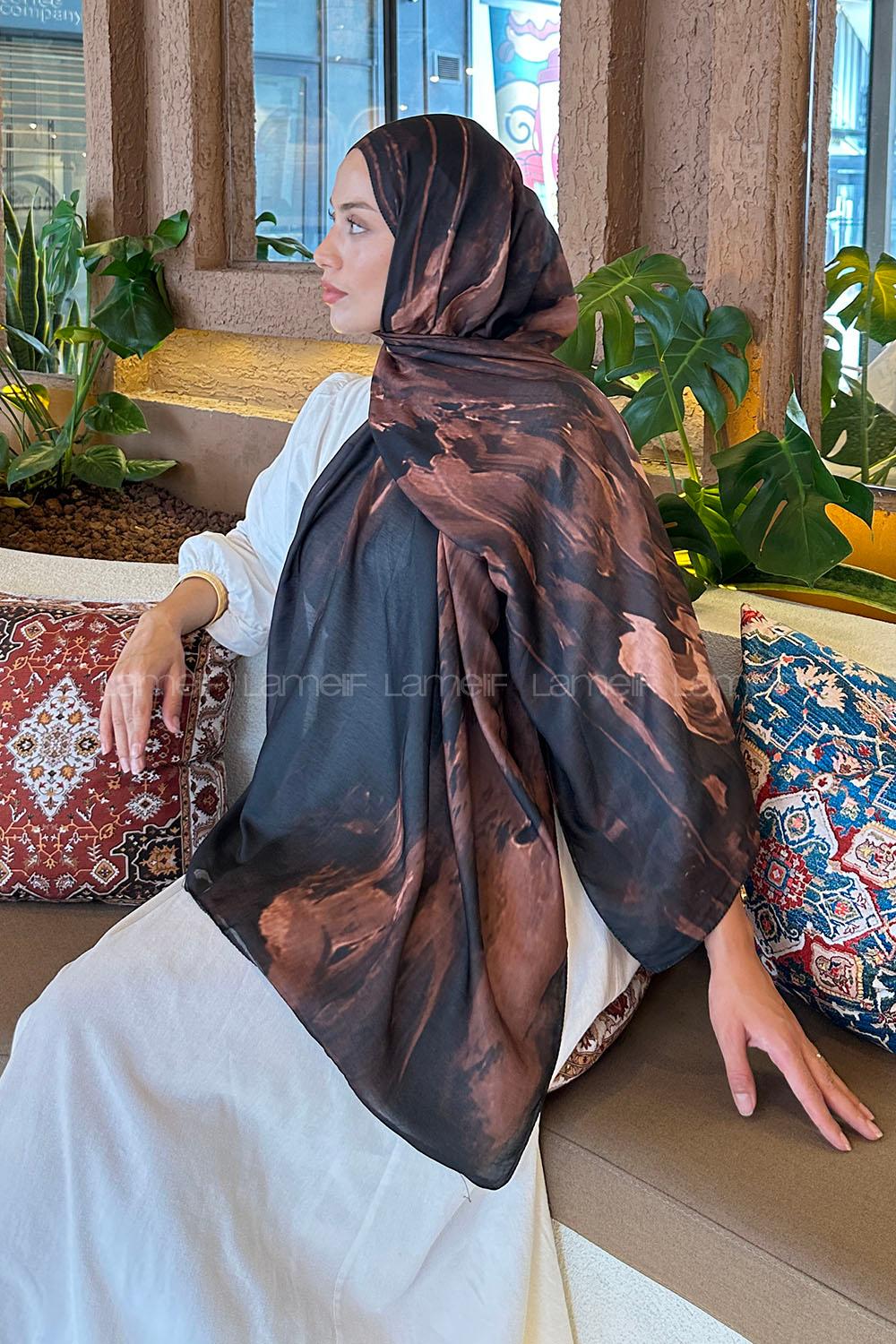 Lamelif Sulu Boya Desen Soft Şal Sütlü Kahve