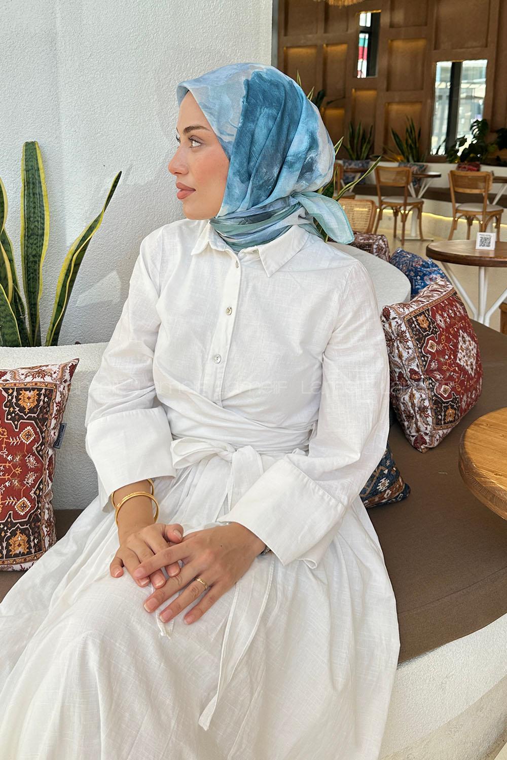 Lamelif Batik Çiçek Desen Soft Eşarp Çağla Yeşili Mavi