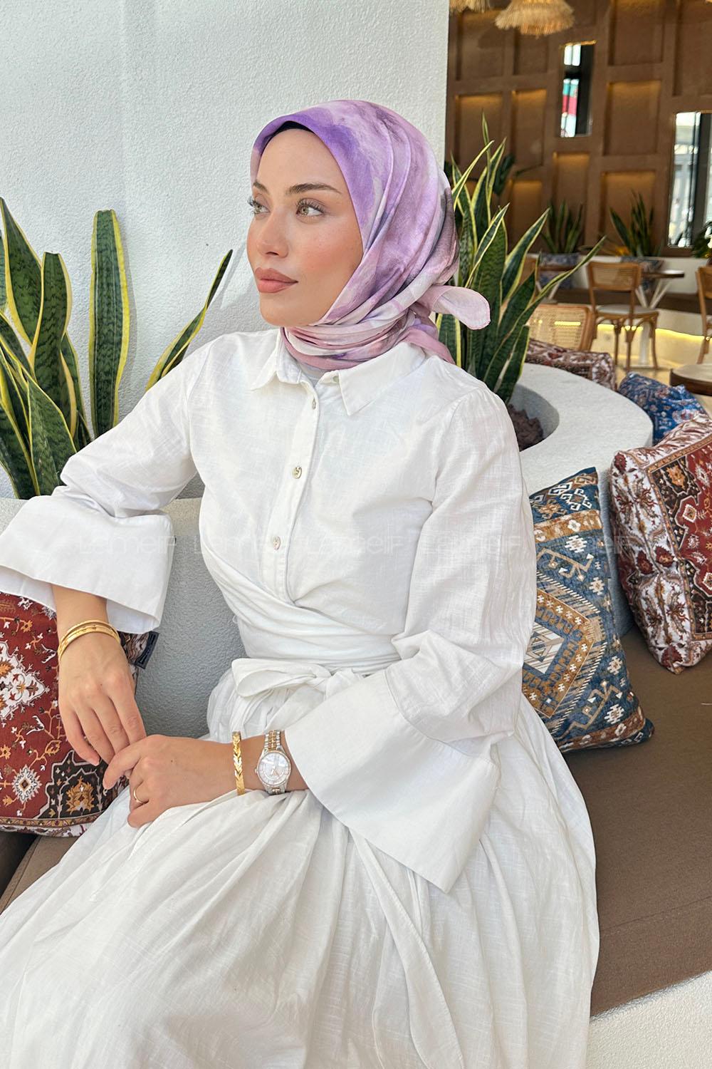 Lamelif Batik Çiçek Desen Soft Eşarp Lila