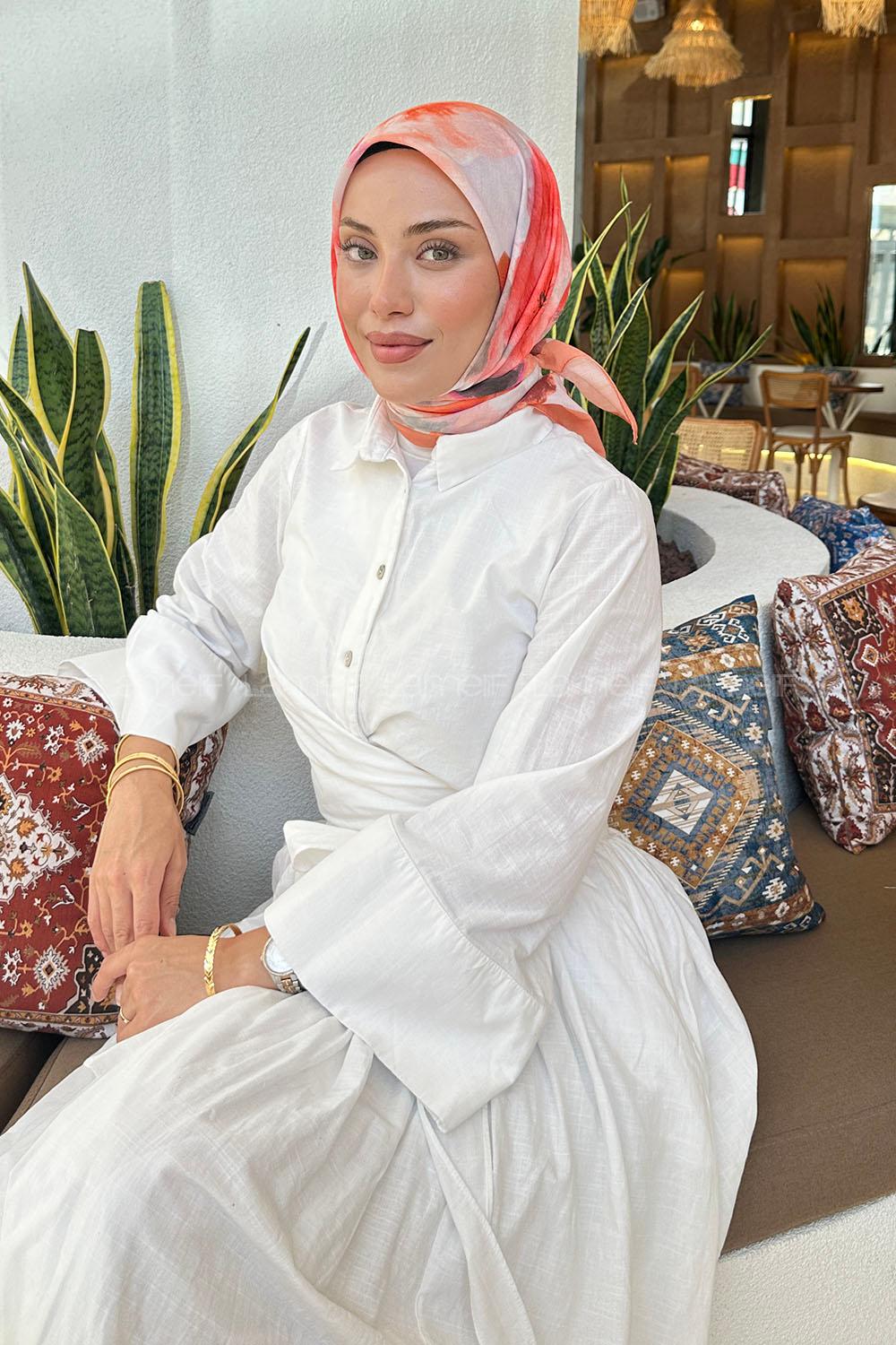 Lamelif Batik Çiçek Desen Soft Eşarp Somon