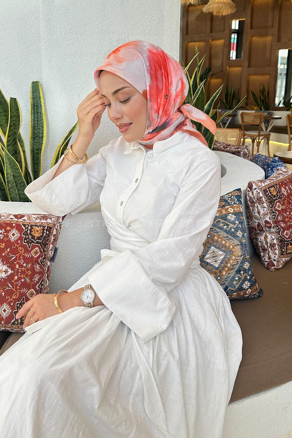 Lamelif Batik Çiçek Desen Soft Eşarp Somon