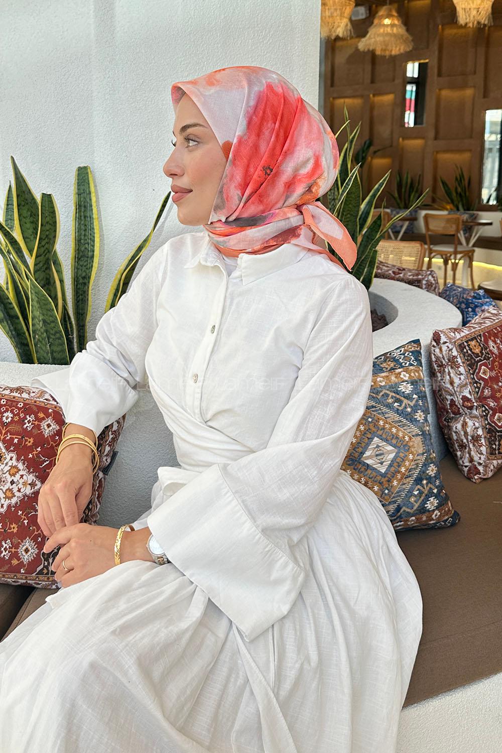 Lamelif Batik Çiçek Desen Soft Eşarp Somon