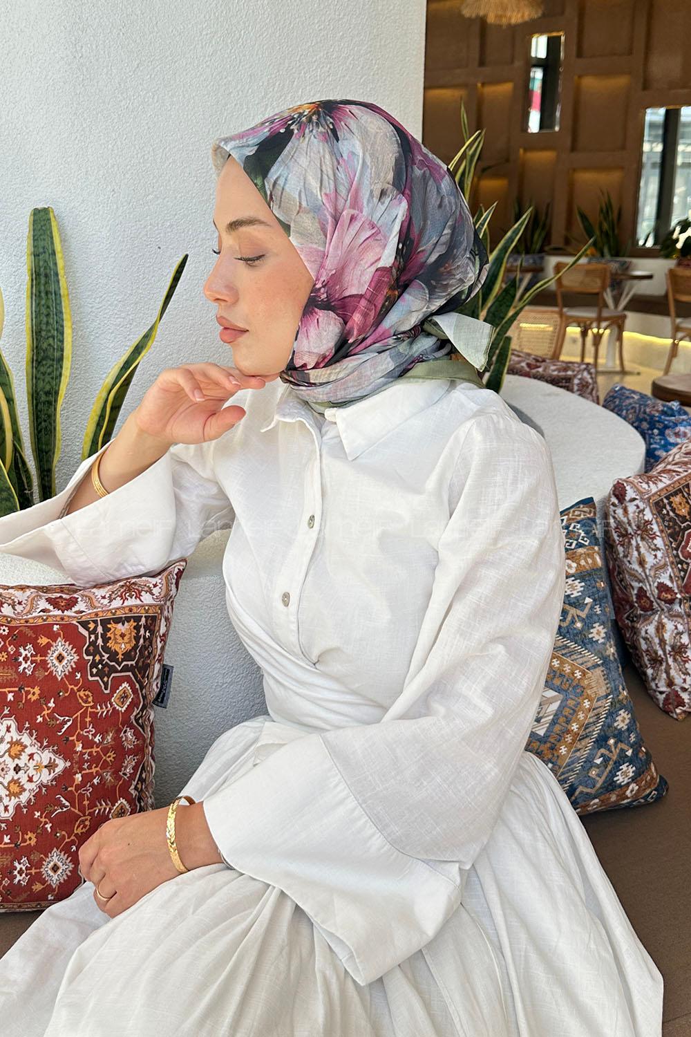 Lamelif Çiçek Desen Soft Eşarp Adaçayı