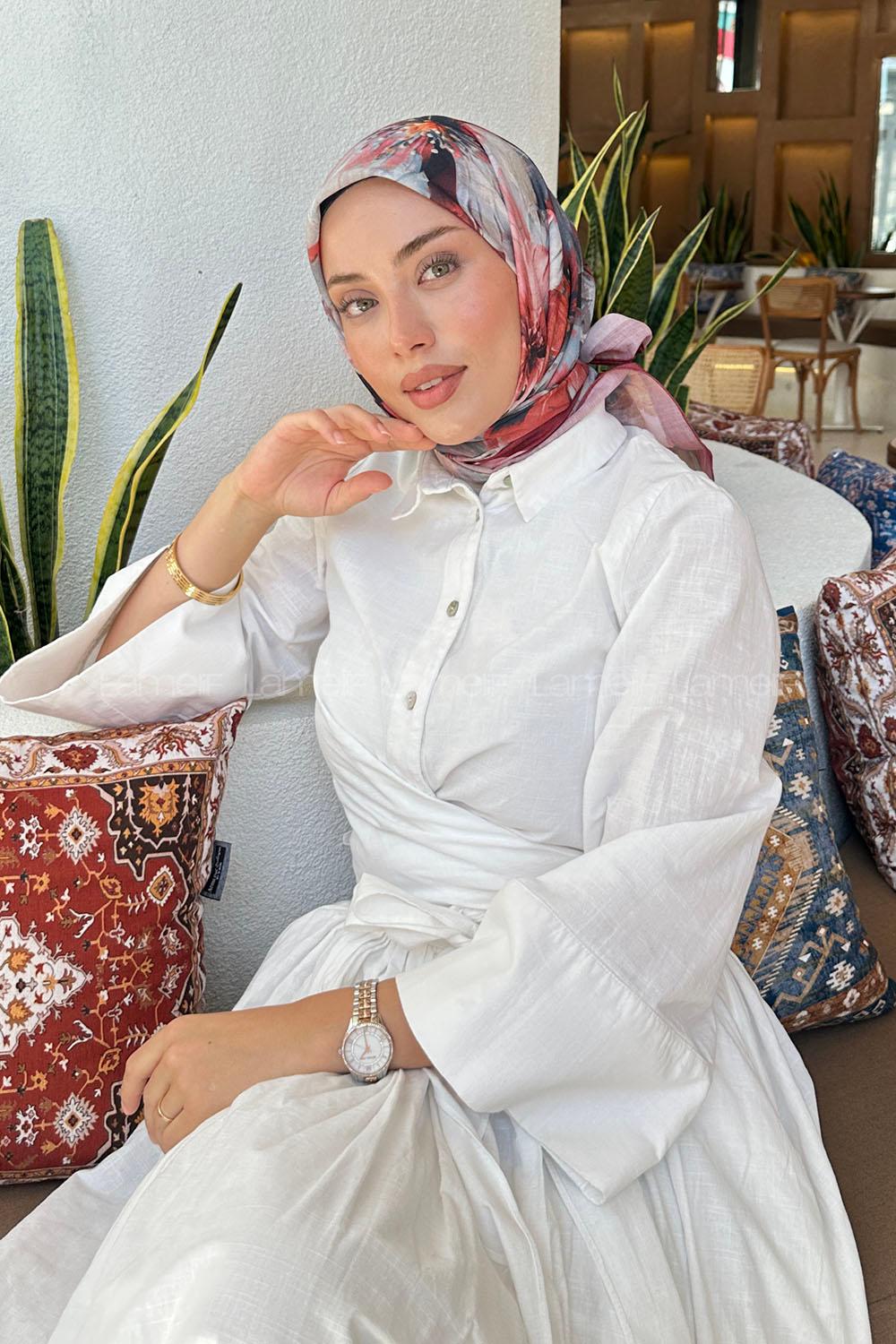 Lamelif Çiçek Desen Soft Eşarp Bordo