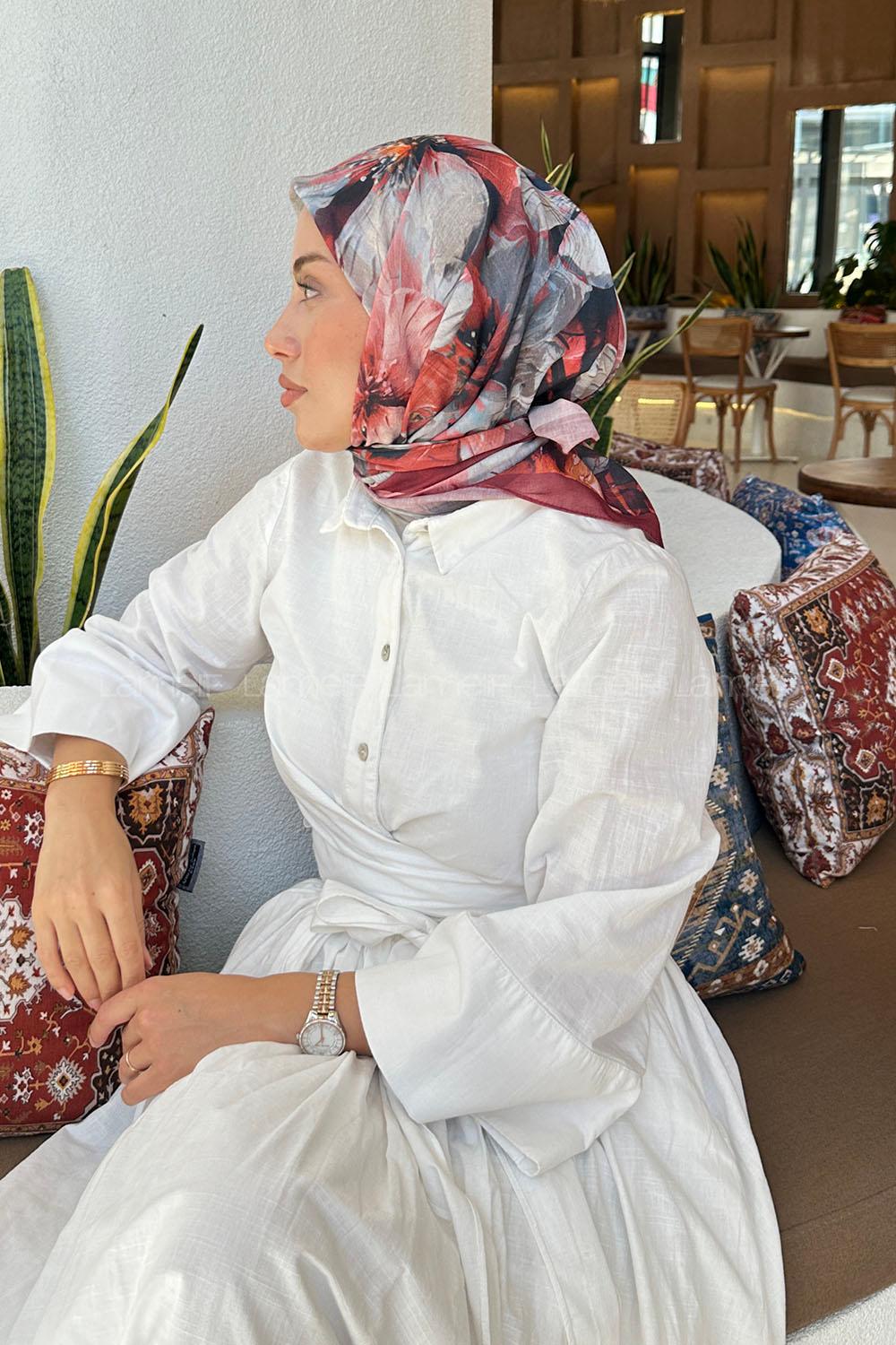 Lamelif Çiçek Desen Soft Eşarp Bordo