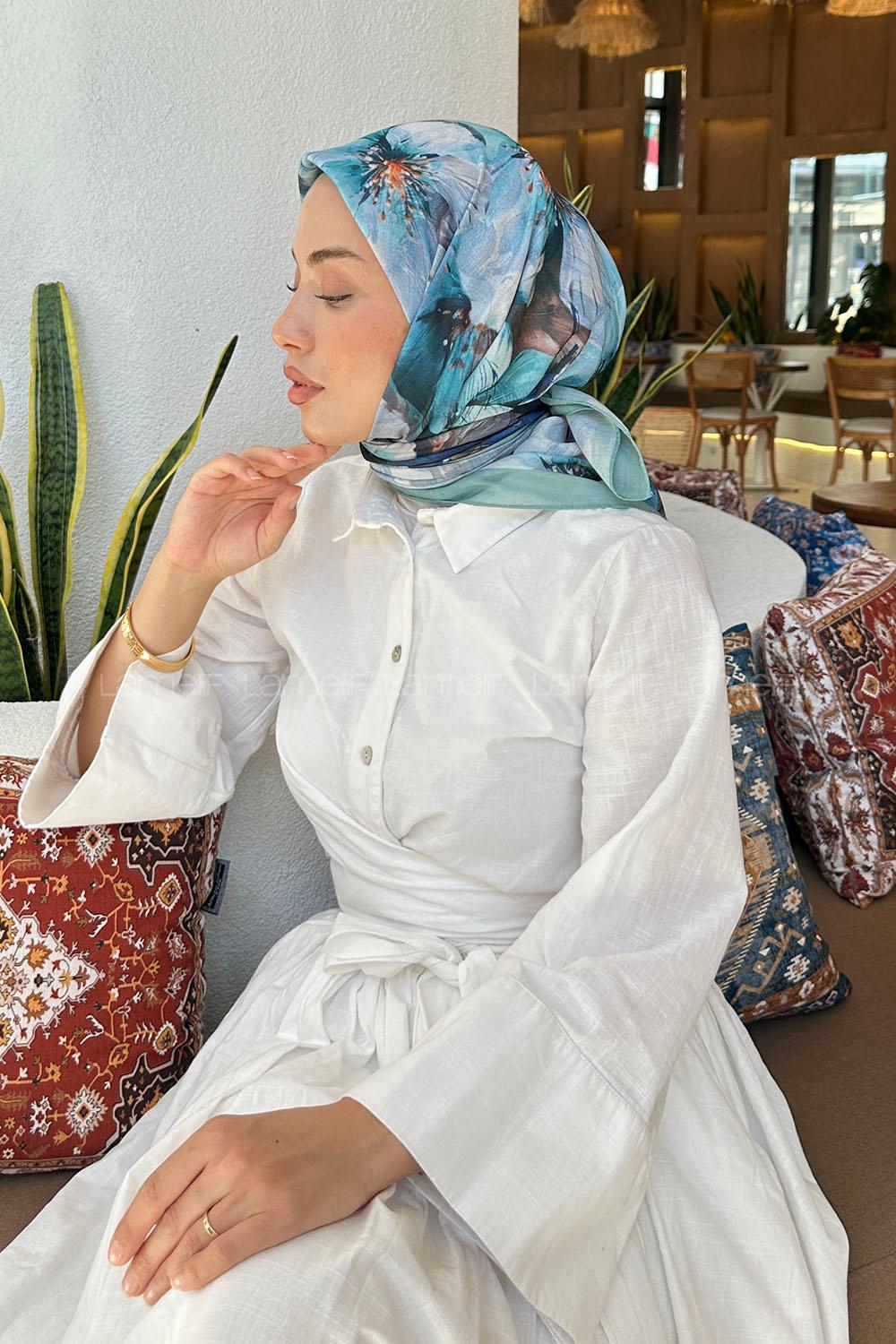 Lamelif Çiçek Desen Soft Eşarp Çağla Yeşili