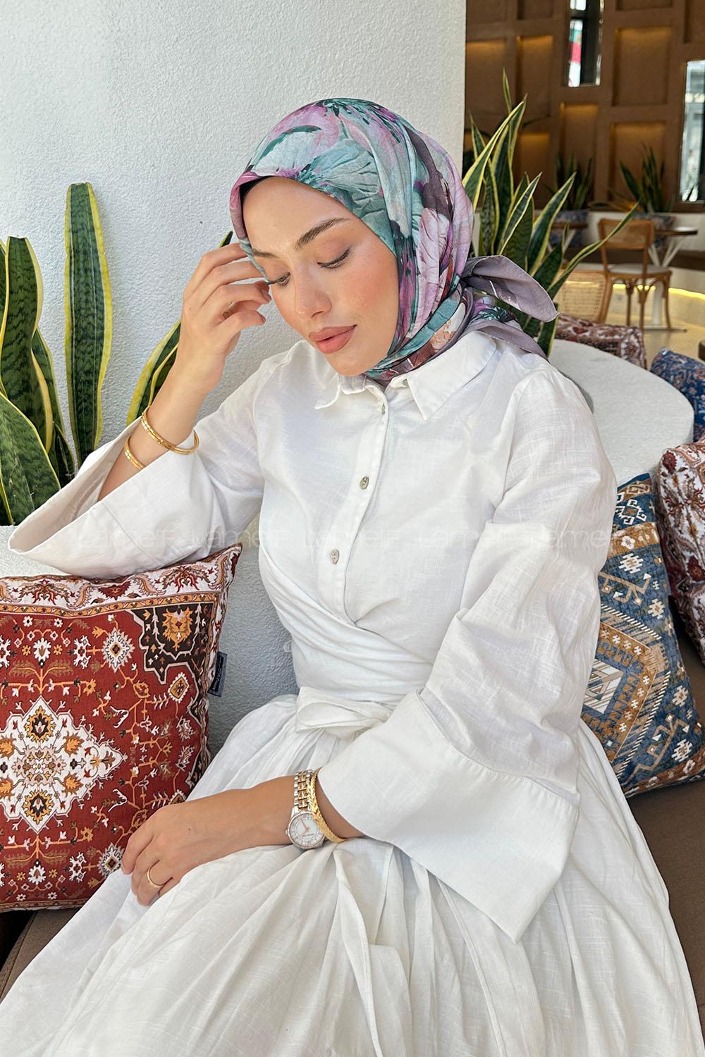 Lamelif Çiçek Desen Soft Eşarp Gri Yeşil