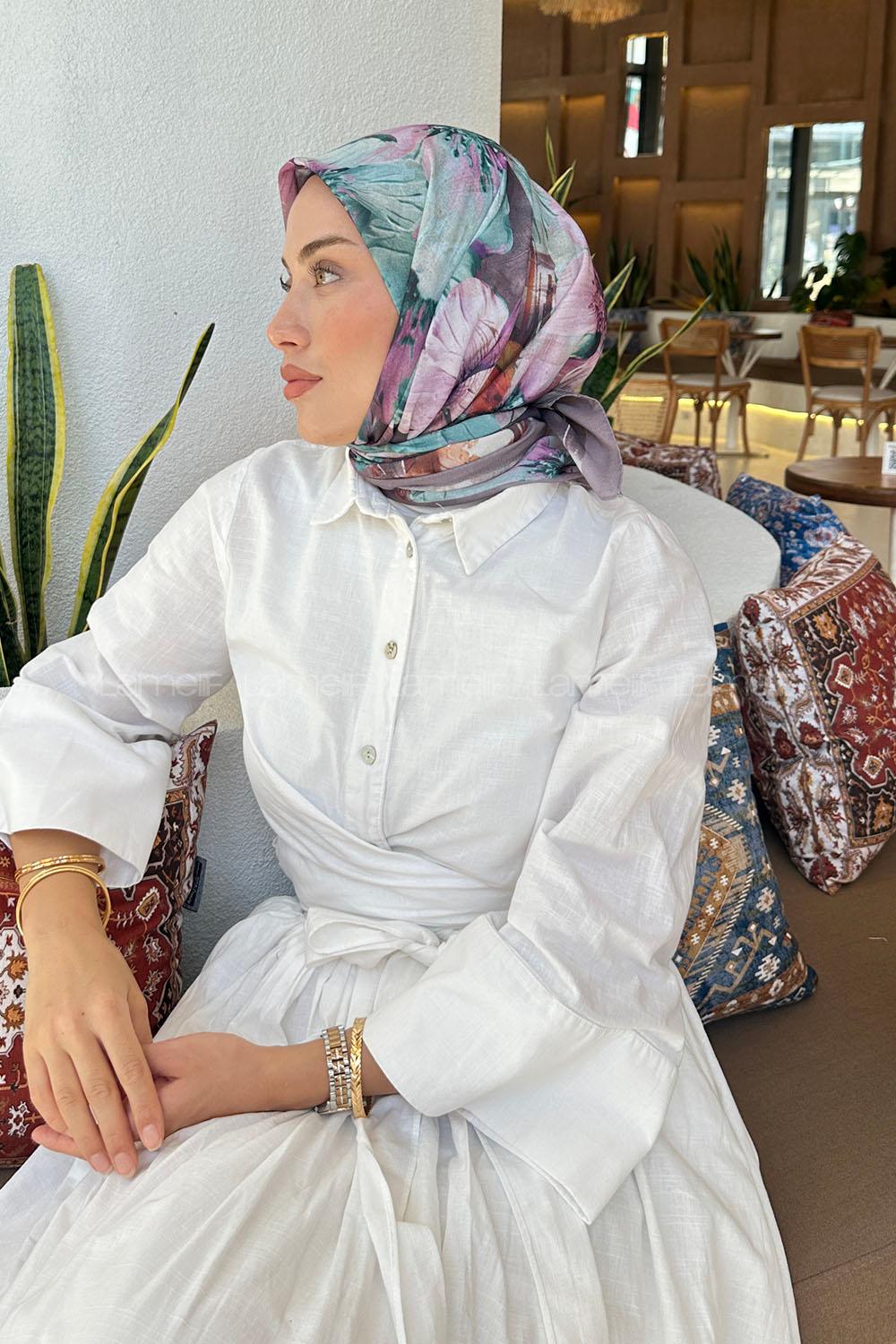 Lamelif Çiçek Desen Soft Eşarp Gri Yeşil