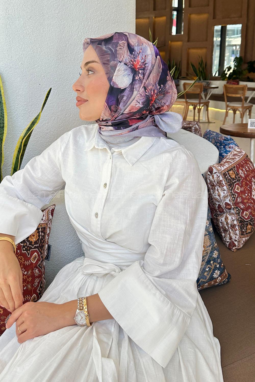 Lamelif Çiçek Desen Soft Eşarp Leylak