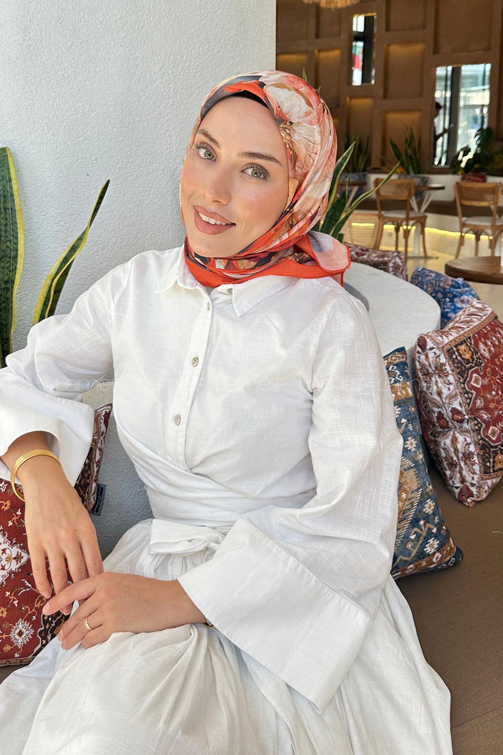 Lamelif Çiçek Desen Soft Eşarp Oranj