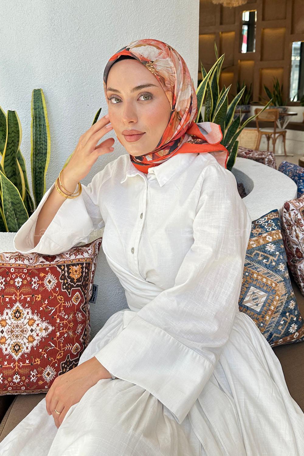 Lamelif Çiçek Desen Soft Eşarp Oranj