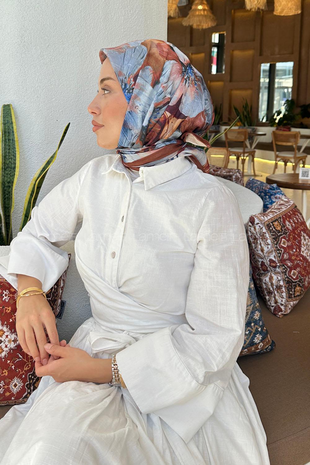 Lamelif Çiçek Desen Soft Eşarp Sütlü Kahve