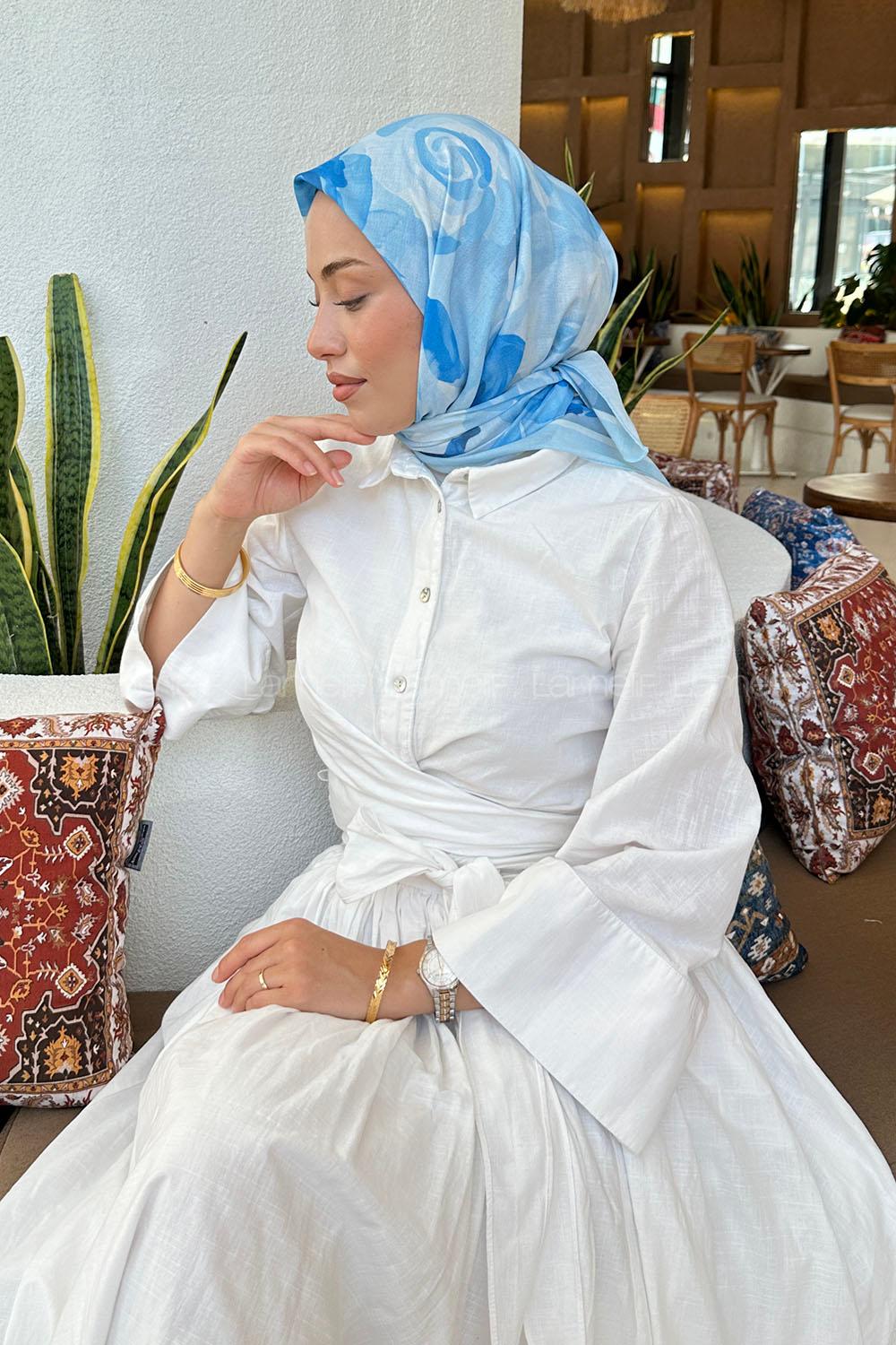 Lamelif Gül Desen Soft Eşarp Bebe Mavisi