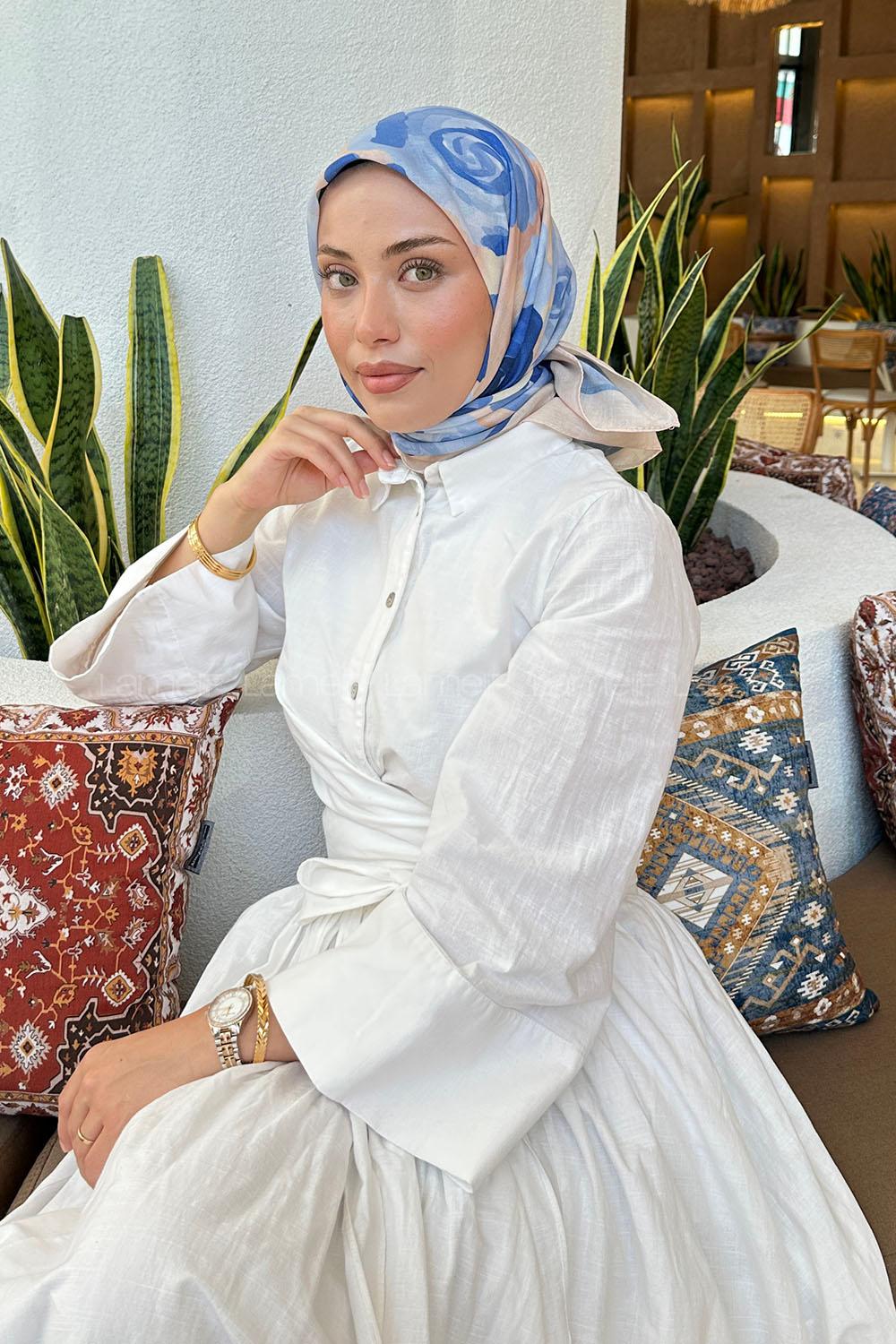 Lamelif Gül Desen Soft Eşarp Mavi Bej