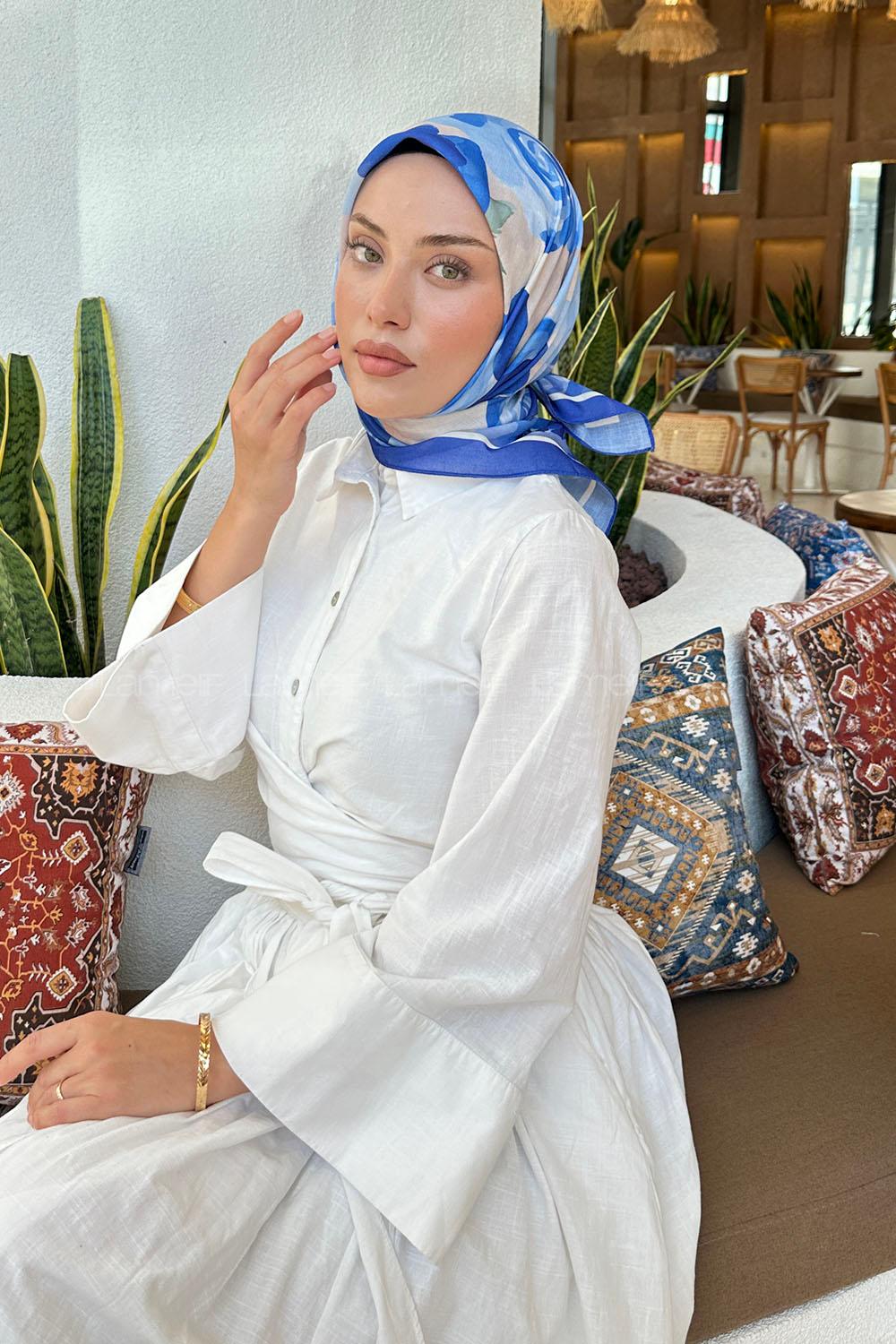 Lamelif Gül Desen Soft Eşarp Saks Mavisi