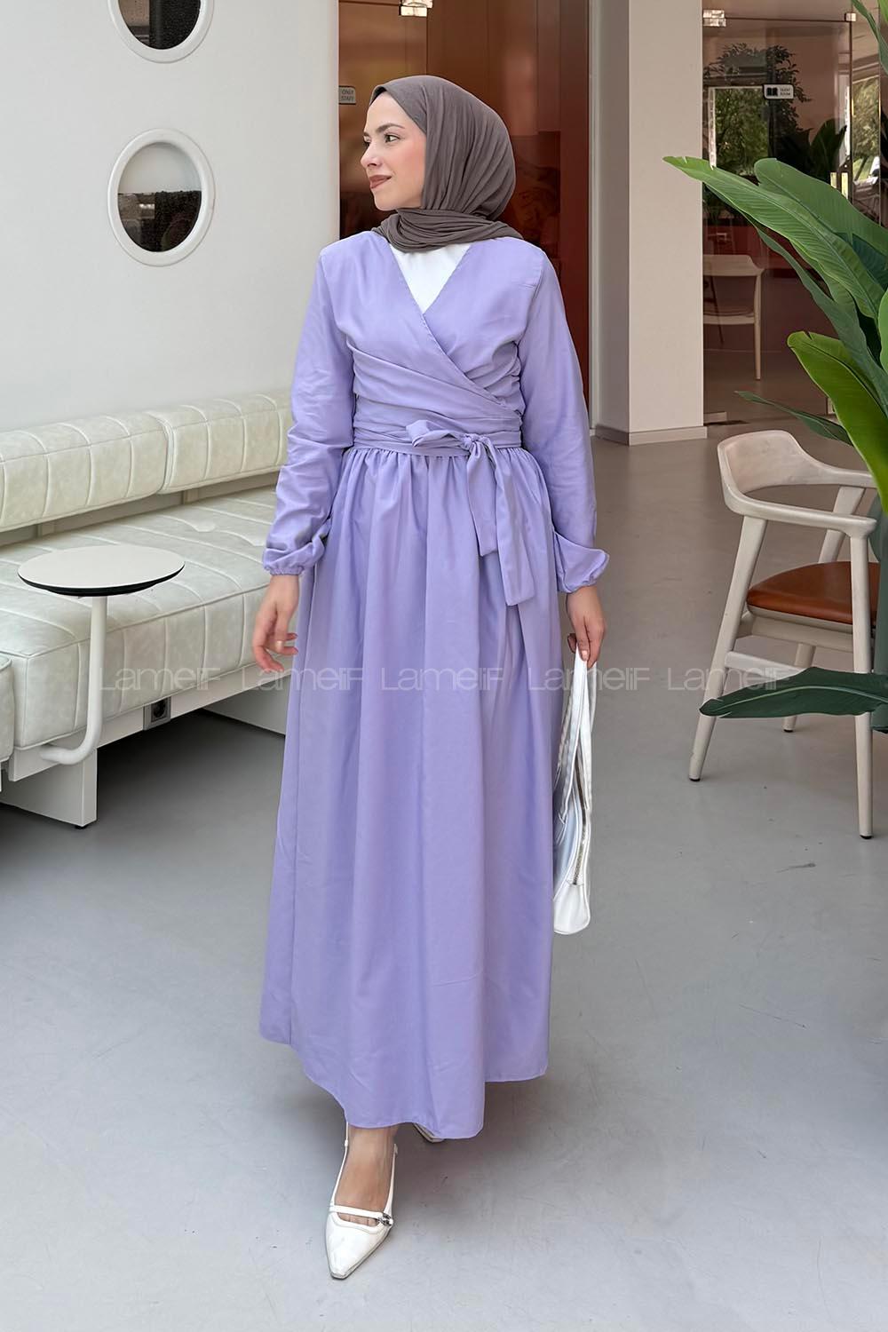 Lamelif Bağlama Detaylı Bluz-Etek Tesettür Takım Lila