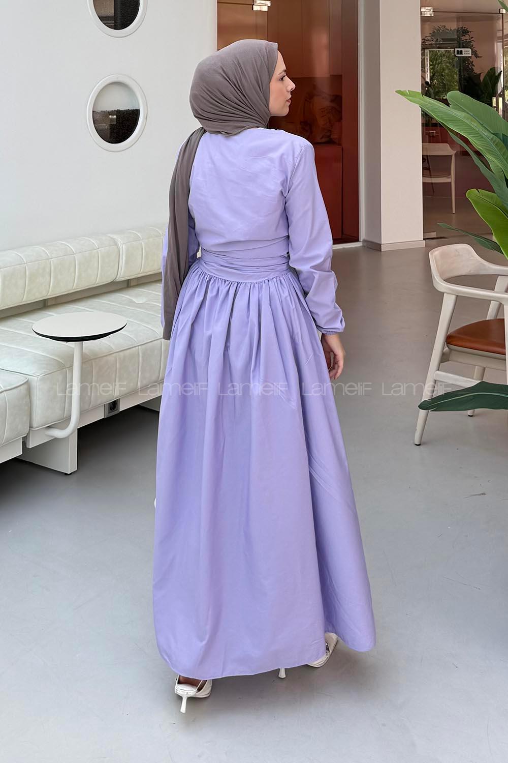 Lamelif Bağlama Detaylı Bluz-Etek Tesettür Takım Lila