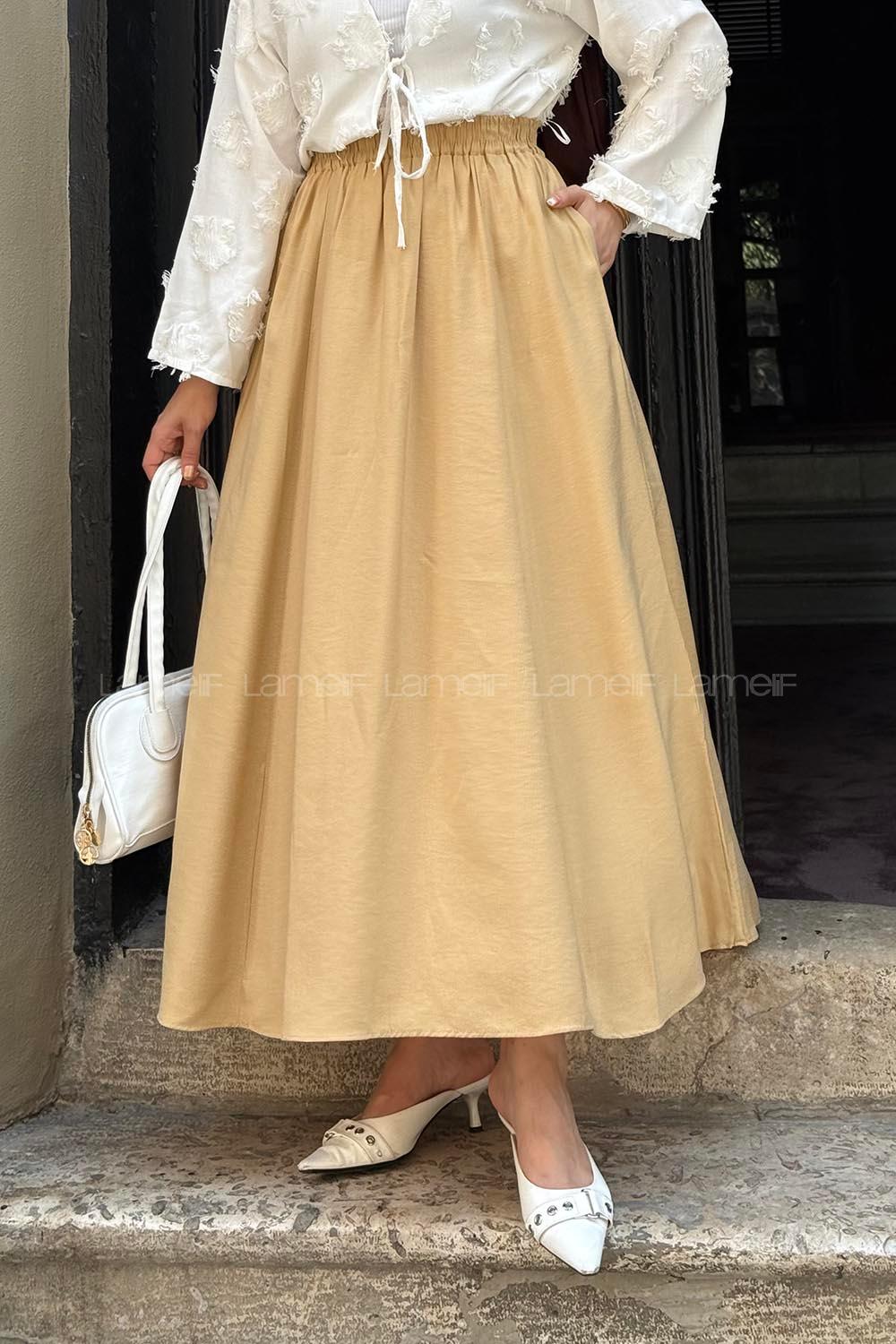 Lamelif Cep Detaylı Keten Etek Kum Beji