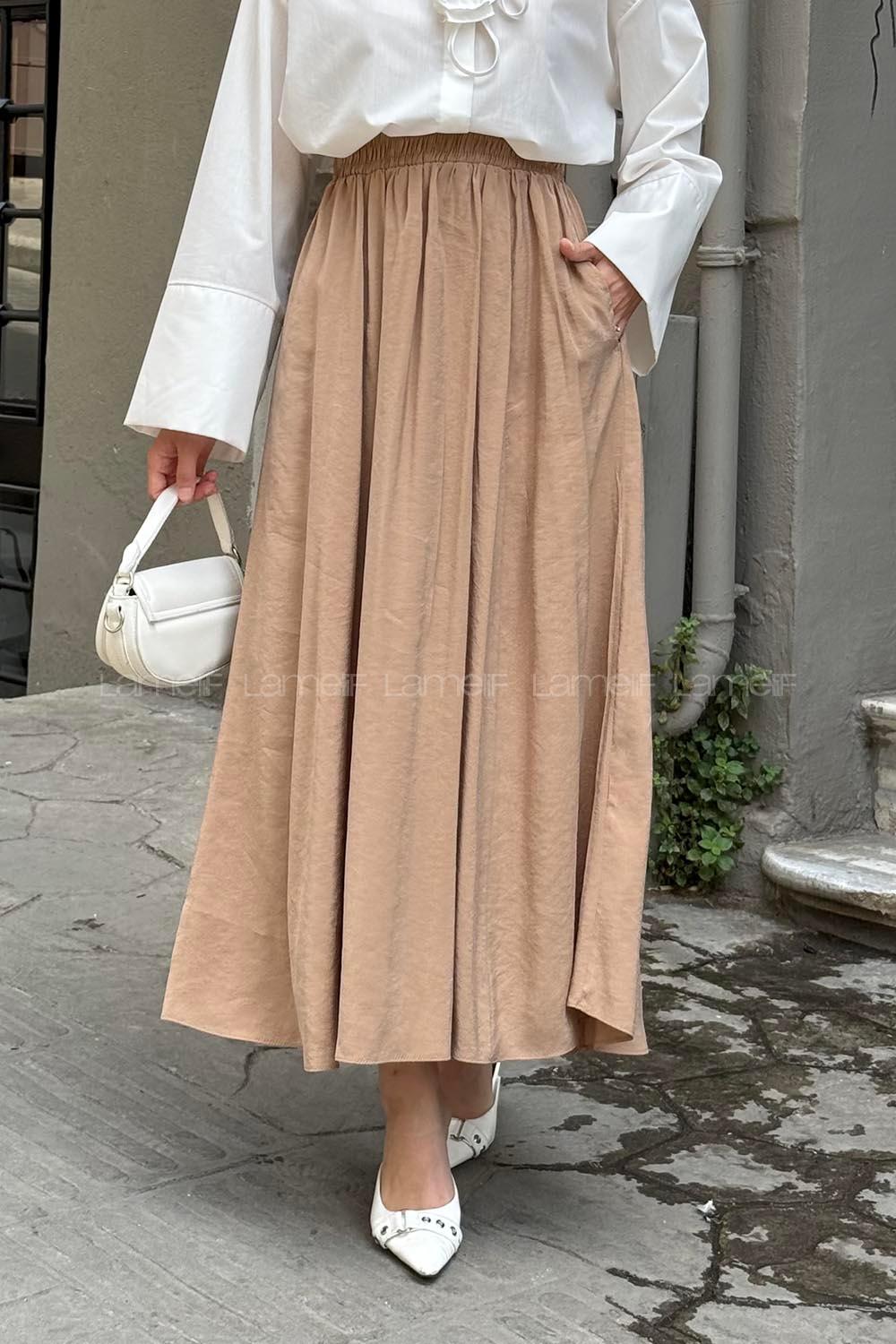 Lamelif Cep Detaylı Keten kahve