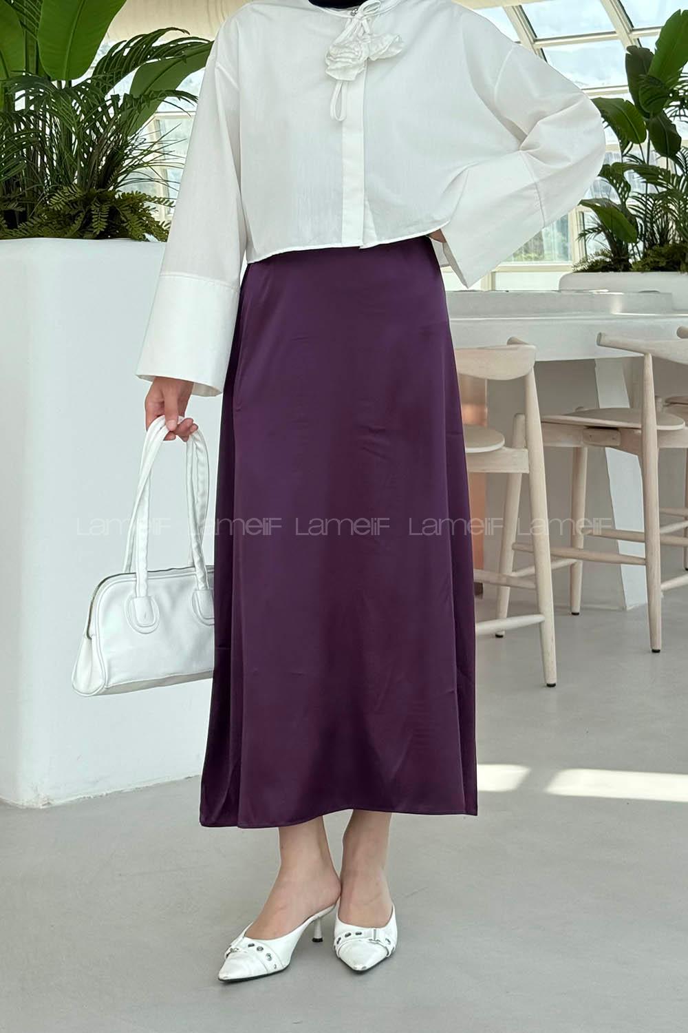 Lamelif Düz Saten Çan Etek Patlıcan Moru