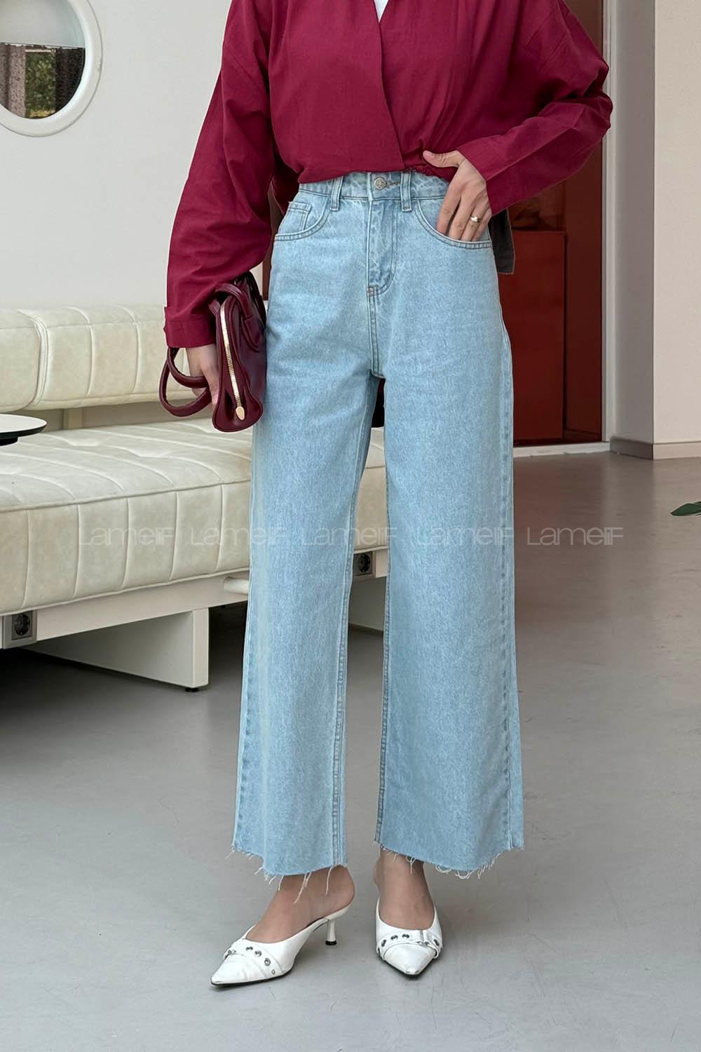 Lamelif Kesik Paça Midi Boy Pantolon Açık Mavi
