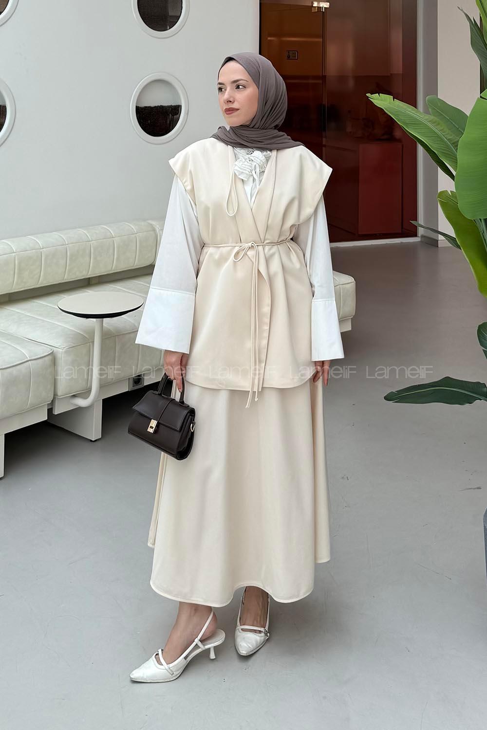 Cream V Neck Zero Arm Polyester Flared Skirt Suit