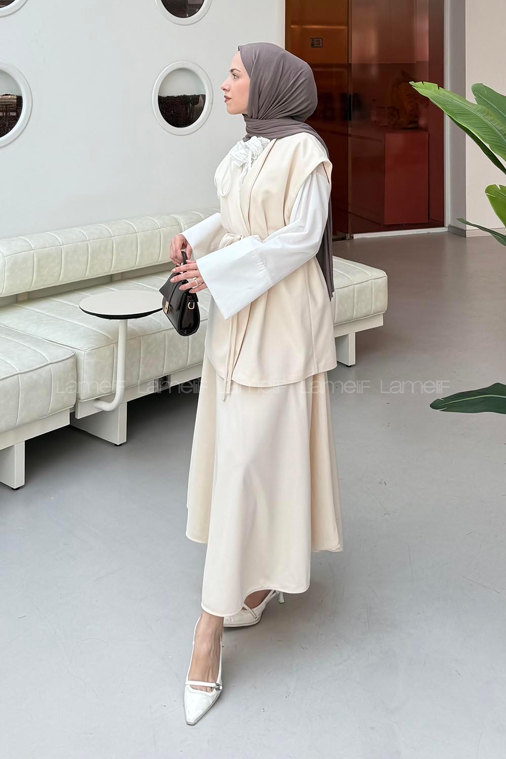 Cream V Neck Zero Arm Polyester Flared Skirt Suit
