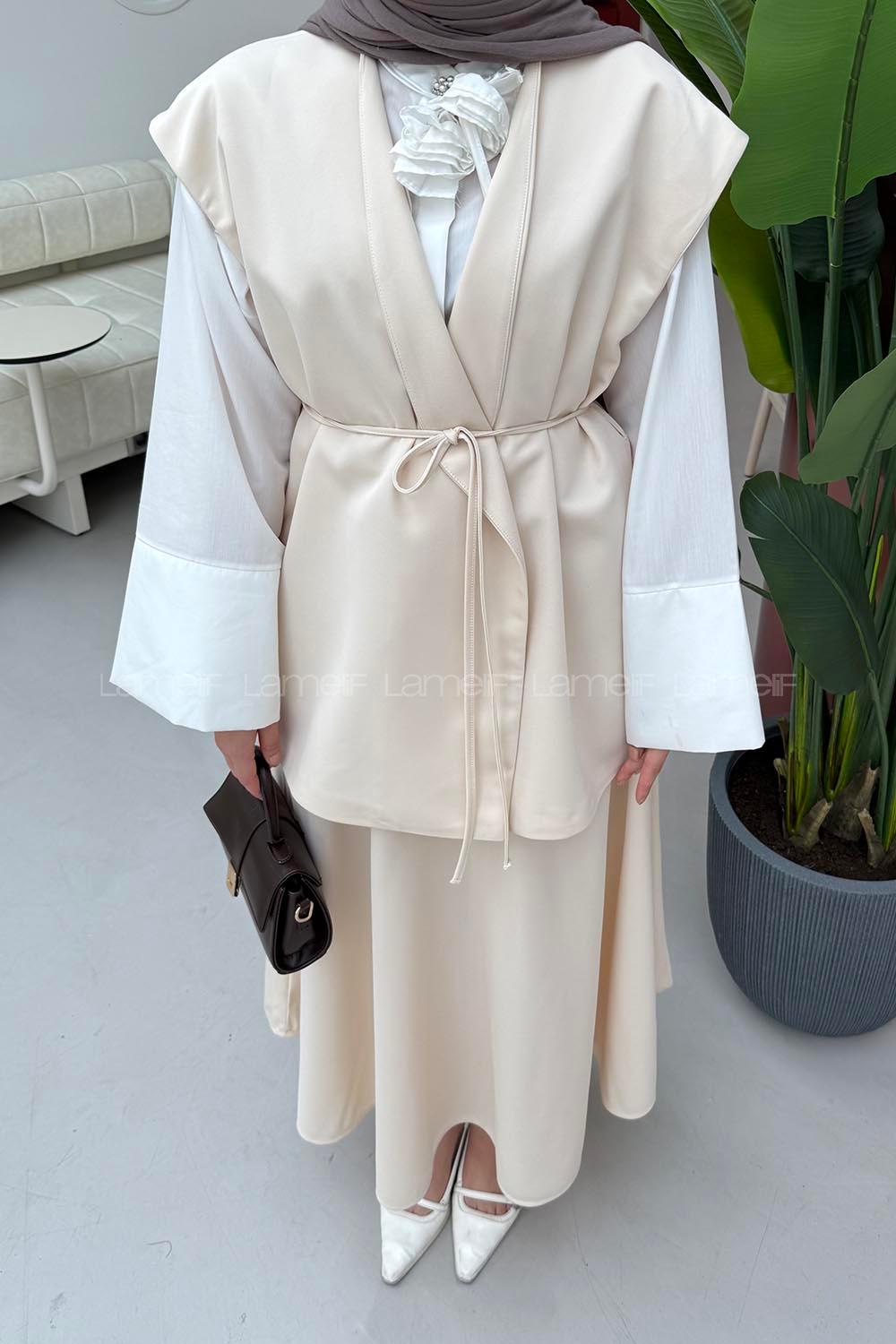 Cream V Neck Zero Arm Polyester Flared Skirt Suit
