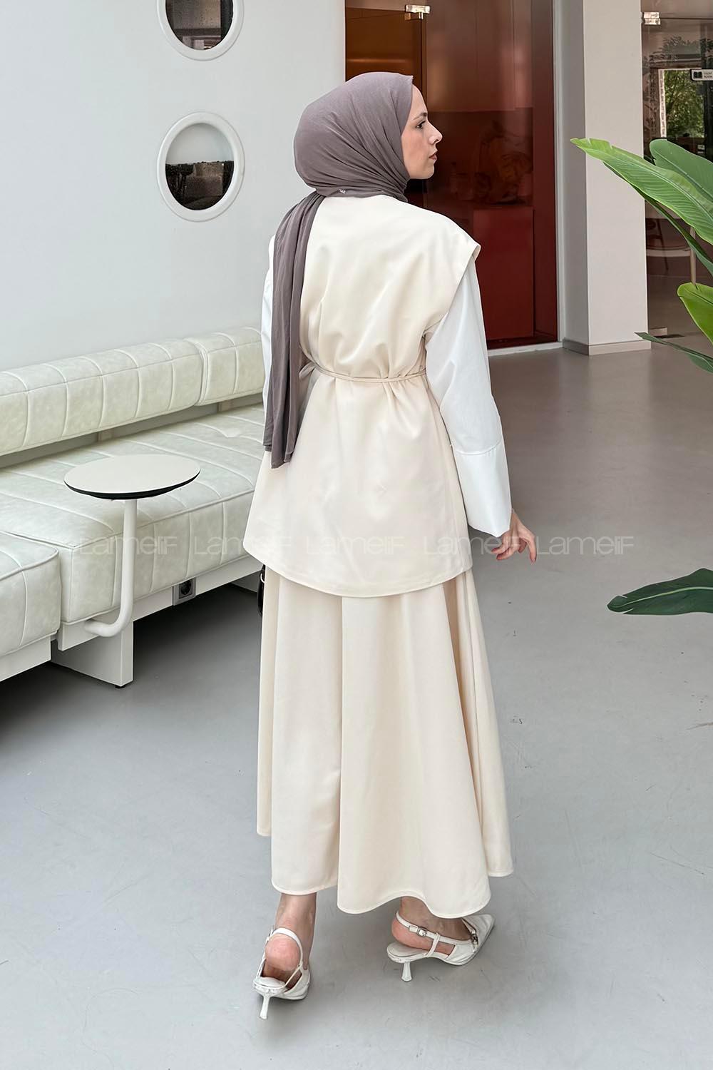Cream V Neck Zero Arm Polyester Flared Skirt Suit