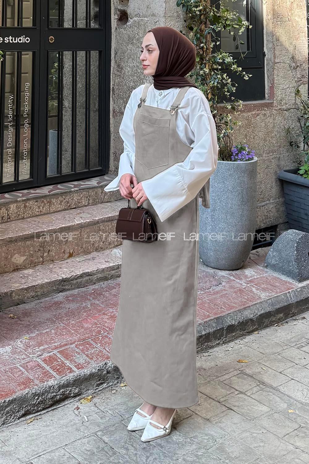 Lamelif Kanguru Cepli Tesettür Elbise Açık Gri