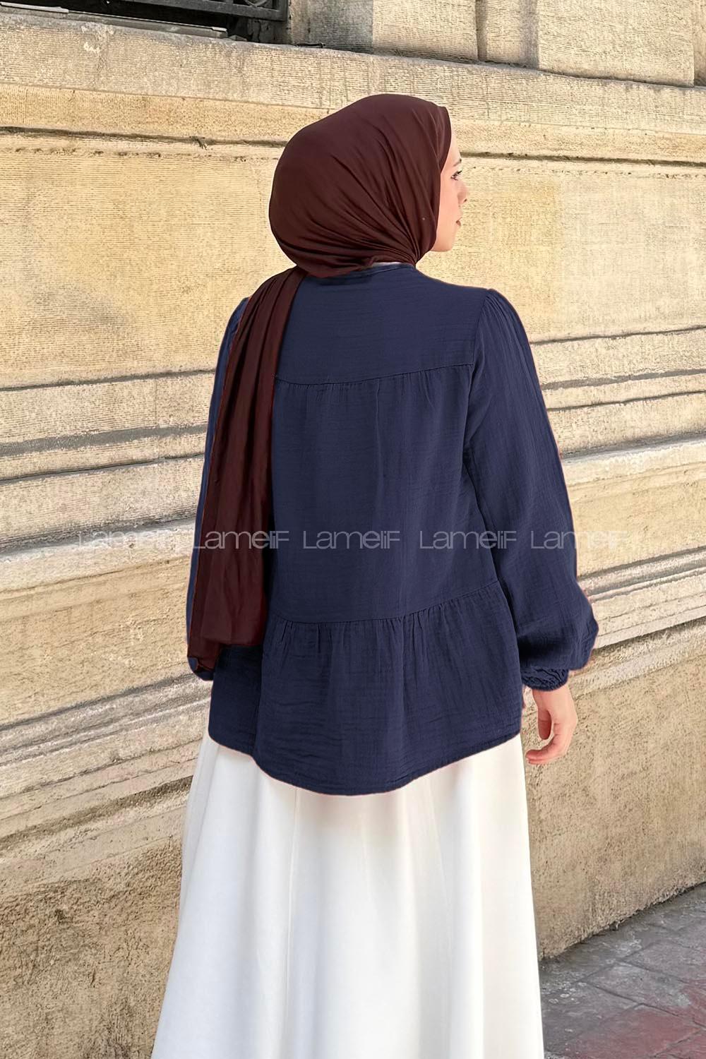 Lamelif V Yaka Kolları Lastikli Müslin Tesettür Gömlek Lacivert