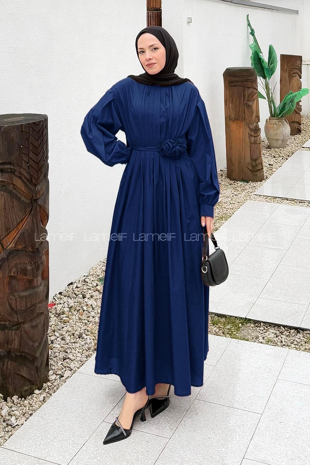 Lamelif Pileli Poplin Elbise Lacivert