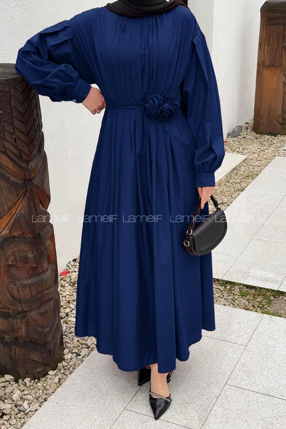 Lamelif Pileli Poplin Elbise Lacivert
