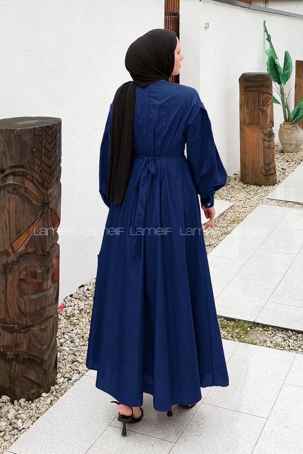 Lamelif Pileli Poplin Elbise Lacivert