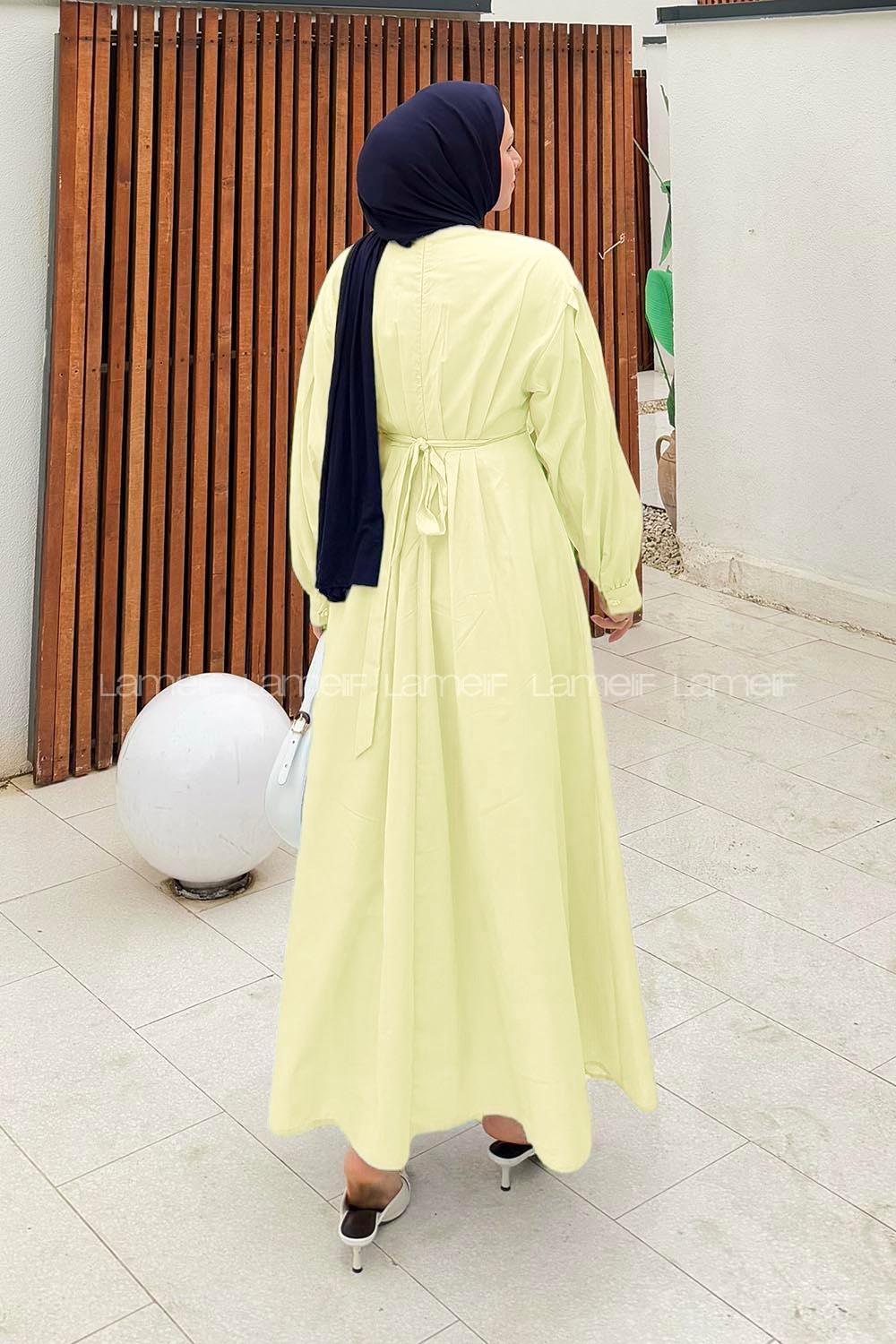 Lamelif Pileli Poplin Elbise Sarı