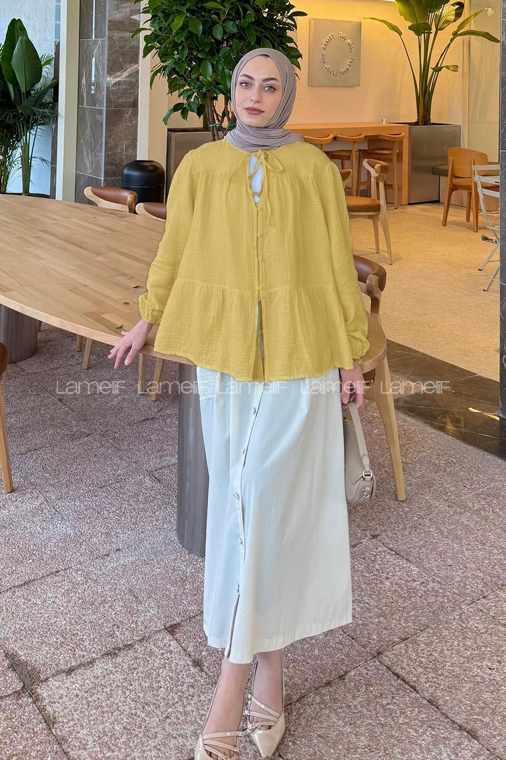 Lamelif V Yaka Kolları Lastikli Müslin Tesettür Gömlek Soft Sarı